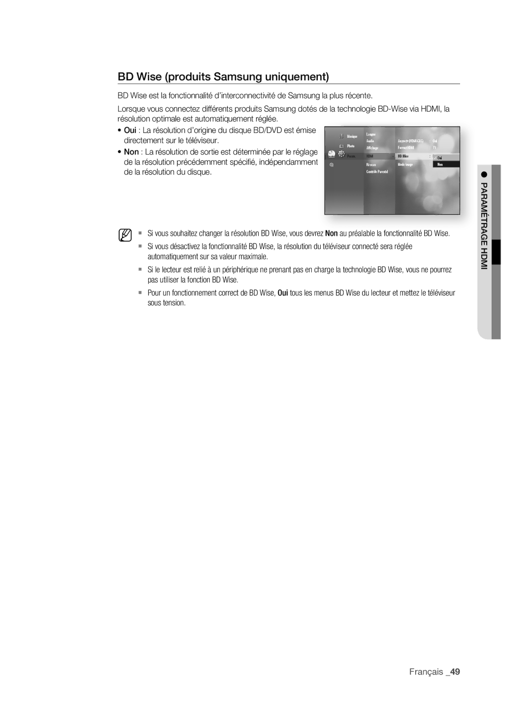 Samsung BD-P3600-XAC-0717 BD Wise produits samsung uniquement, Directement sur le téléviseur, De la résolution du disque 