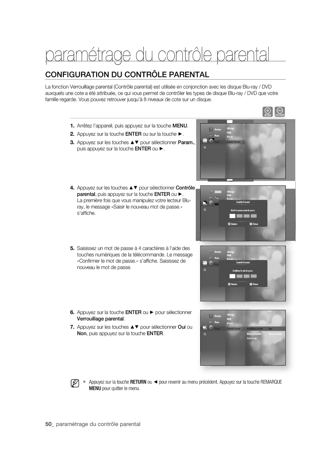 Samsung AK59-00104K COnFigUrAtiOn DU COntrôLe PArentAL, 0 paramétrage du contrôle parental, Menu pour quitter le menu 