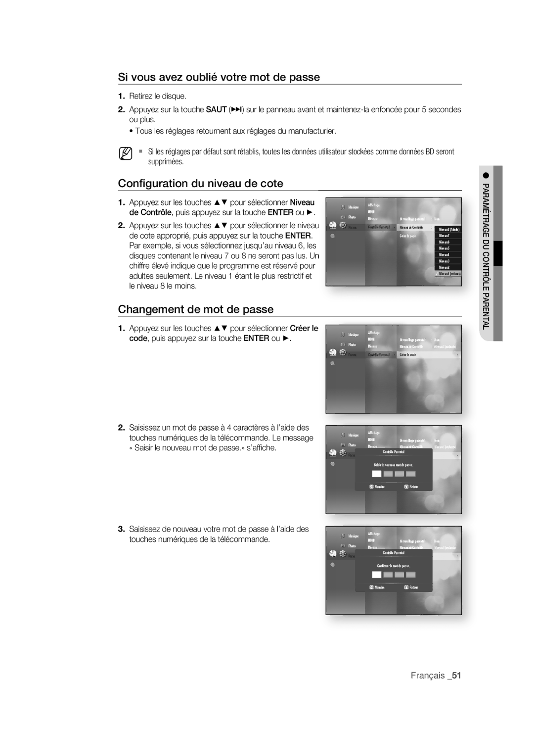 Samsung BD-P3600-XAC-0717 Si vous avez oublié votre mot de passe, Configuration du niveau de cote, PArAmÉtrAge DU COntrôLe 