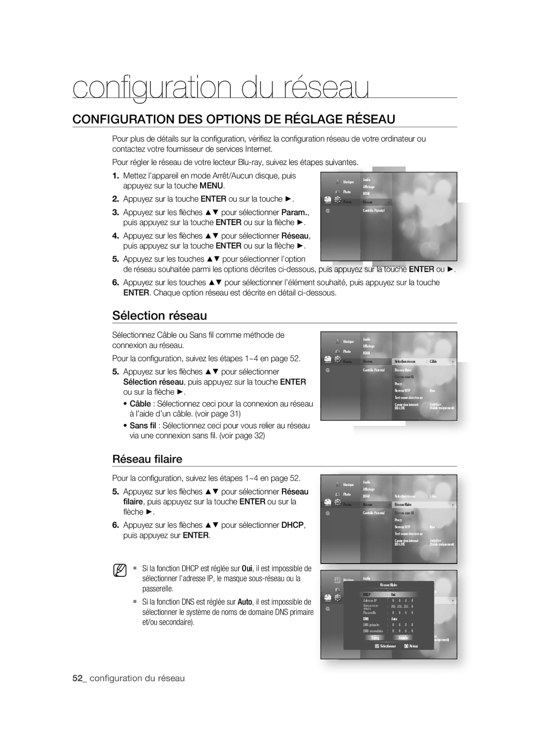 Samsung AK59-00104K Confi guration du réseau, COnFigUrAtiOn Des OPtiOns De rÉgLAge rÉseAU, 2 confi guration du réseau 