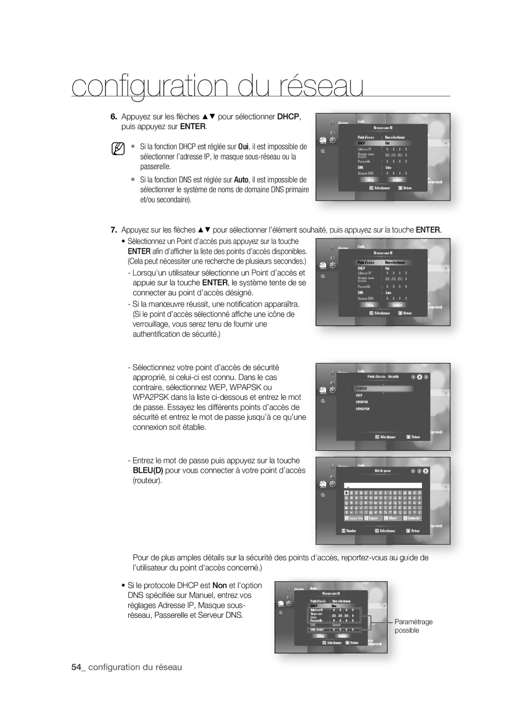 Samsung AK59-00104K, BD-P3600-XAC-0717 user manual  confi guration du réseau, Puis appuyez sur enter, Passerelle 