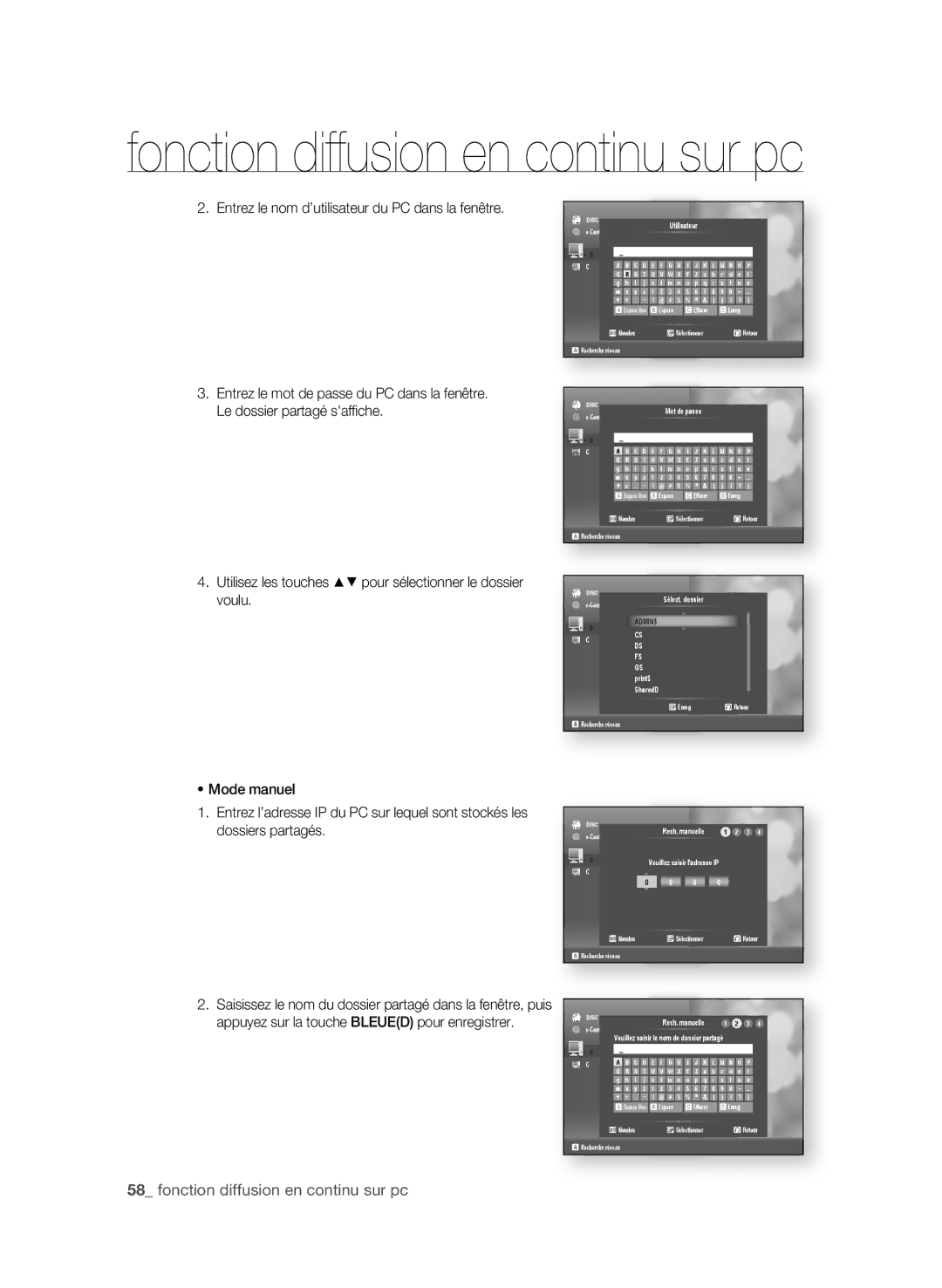 Samsung AK59-00104K  fonction diffusion en continu sur pc, Utilisez les touches pour sélectionner le dossier voulu 