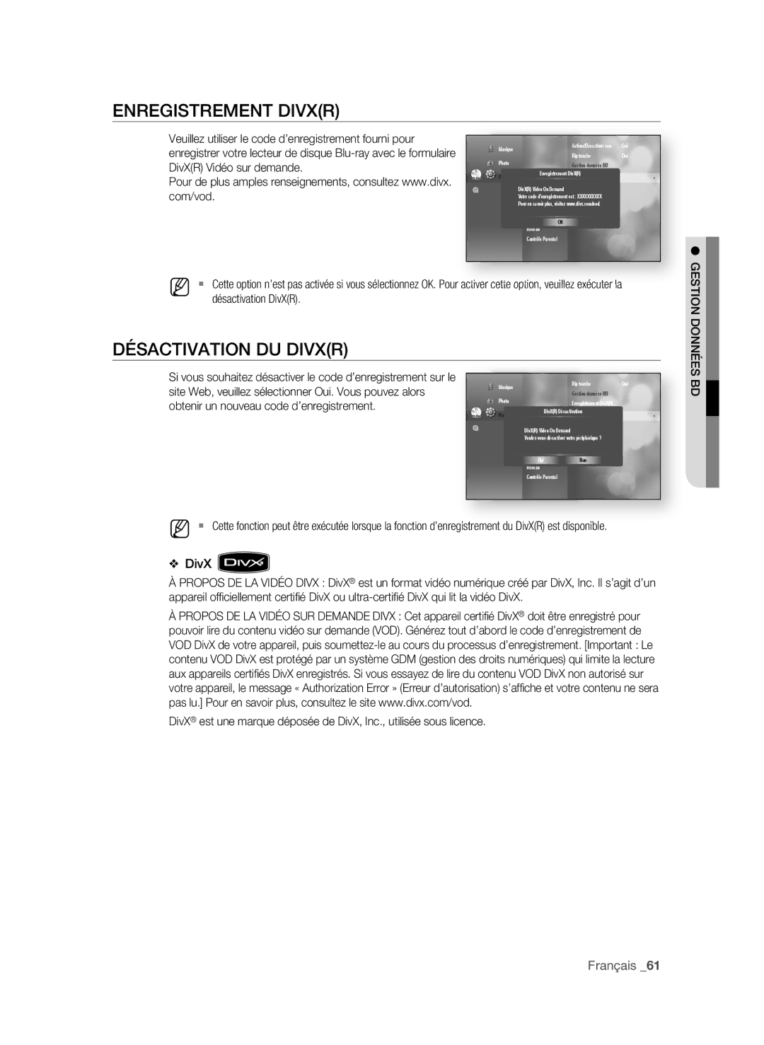 Samsung BD-P3600-XAC-0717, AK59-00104K user manual Enregistrement DivXr, DÉsACtivAtiOn DU DivXr, Désactivation DivXR 