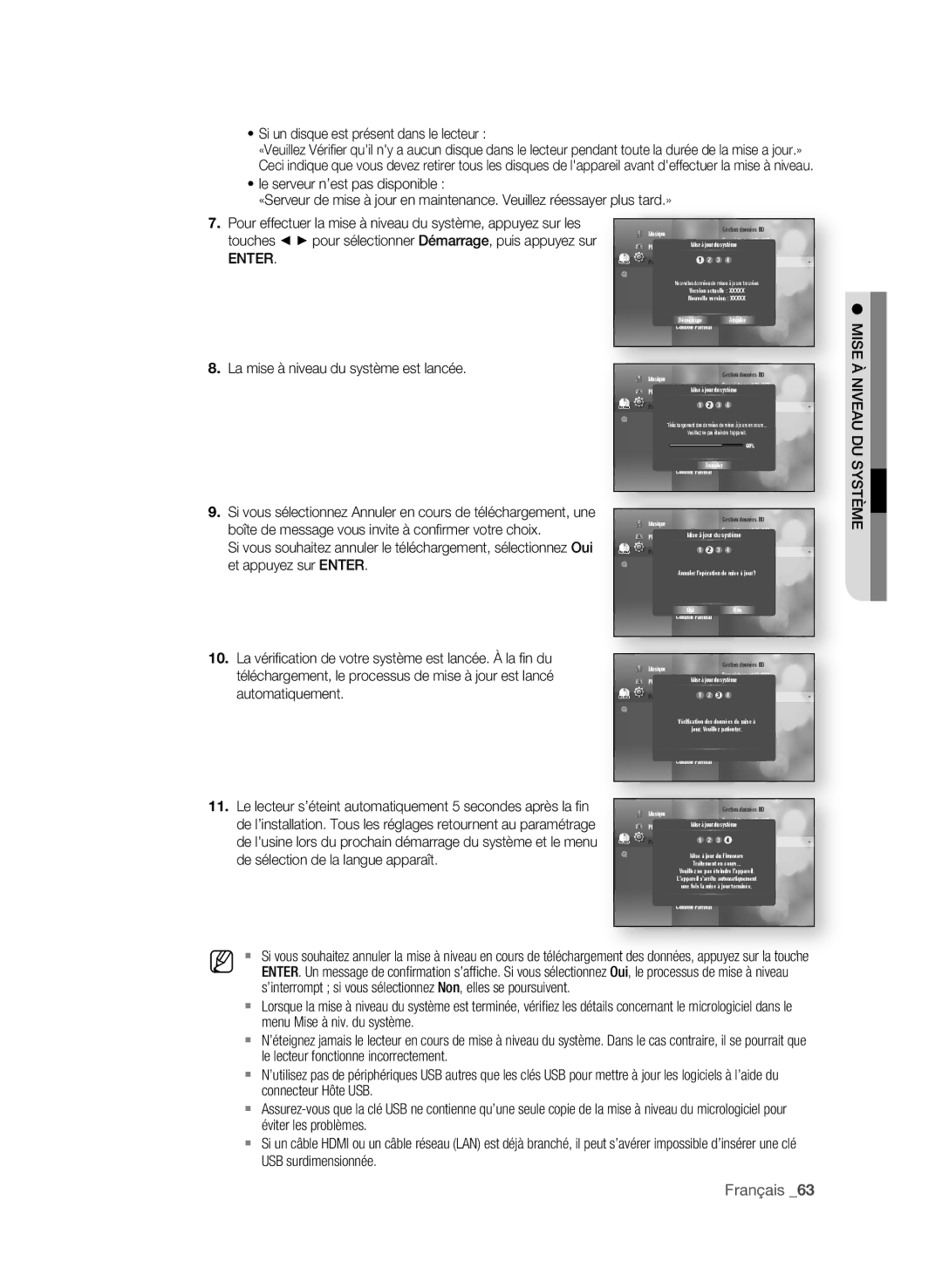 Samsung BD-P3600-XAC-0717 Si un disque est présent dans le lecteur, Enter . La mise à niveau du système est lancée 