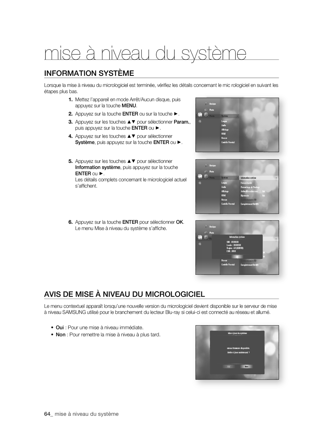 Samsung AK59-00104K user manual InFOrmAtiOn système, Avis De mise À niveAU DU miCrOLOgiCieL,  mise à niveau du système 