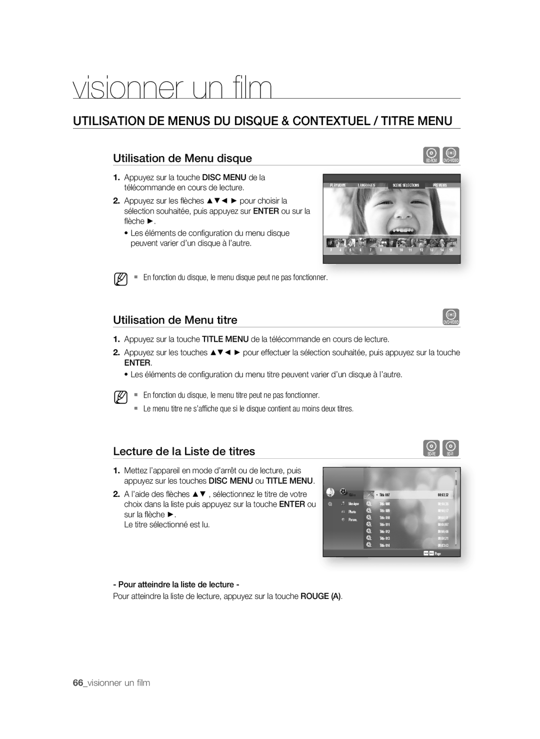 Samsung AK59-00104K user manual UtiLisAtiOn De menUs DU DisQUe & COnteXtUeL / titre menU, Utilisation de menu disque 