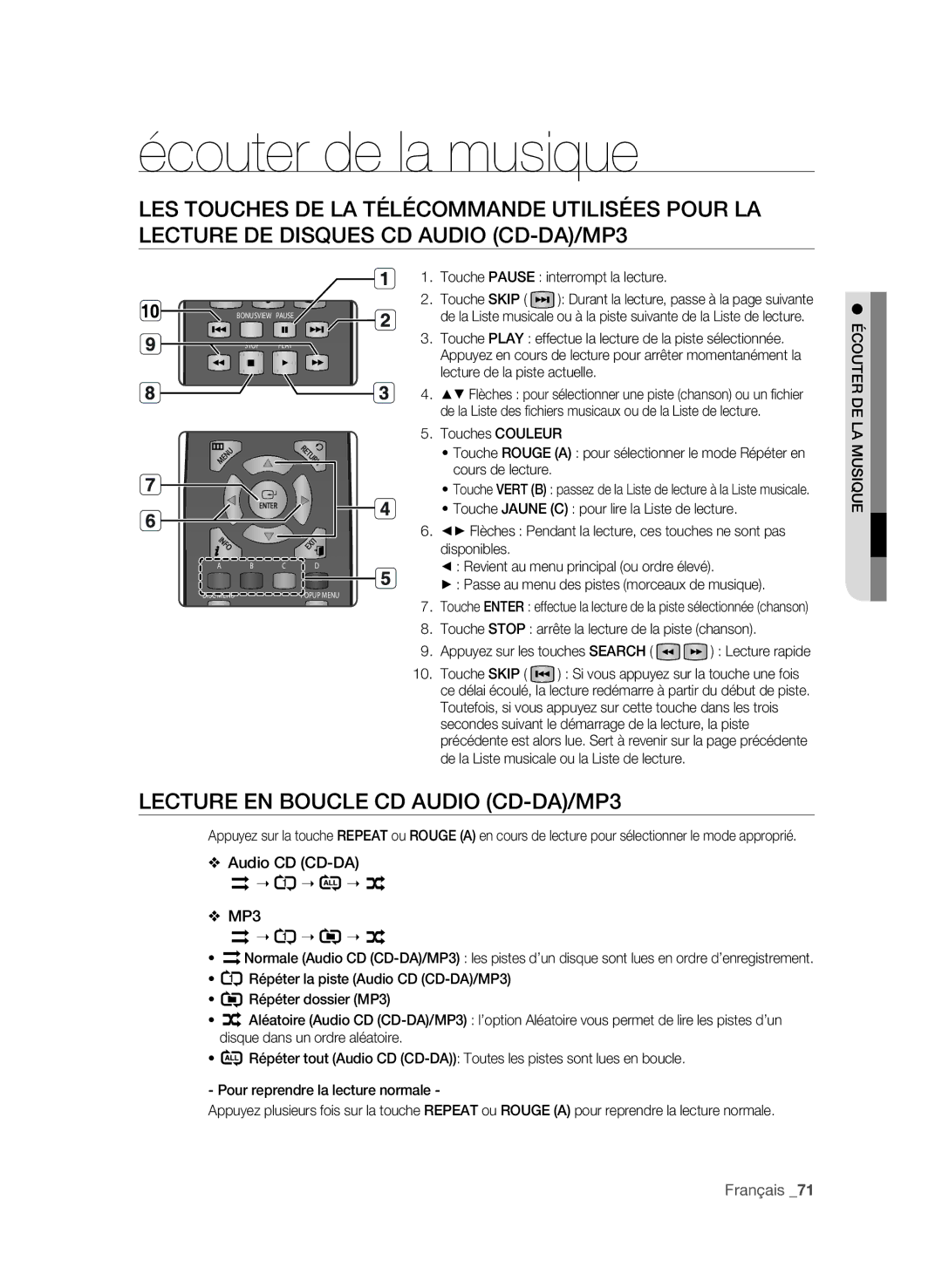 Samsung BD-P3600-XAC-0717, AK59-00104K user manual Écouter de la musique, Lecture en boucle CD Audio CD-DA/mp3 