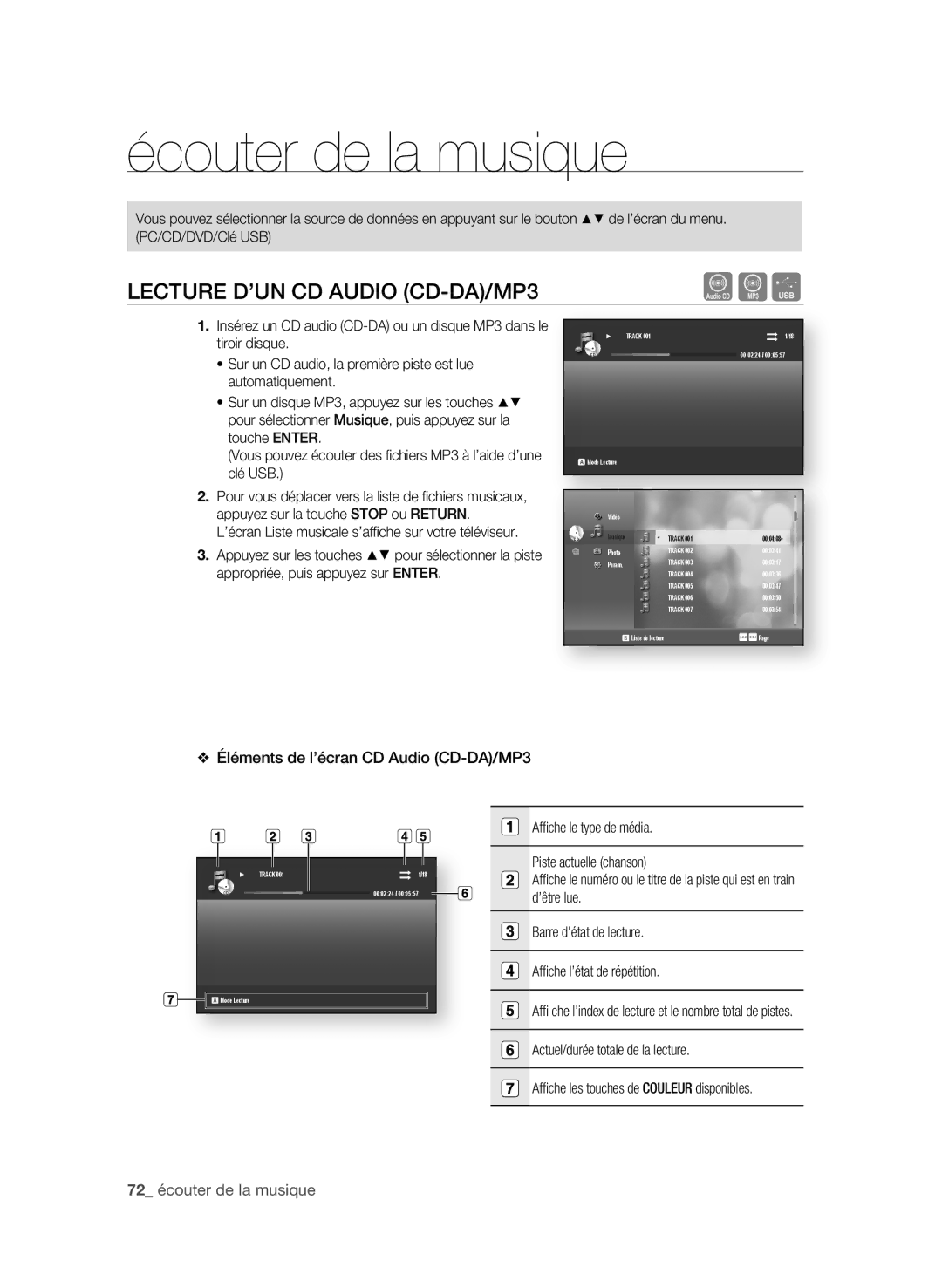 Samsung AK59-00104K LeCtUre D’Un CD AUDiO CD-DA/mP3, Éléments de l’écran CD Audio CD-DA/mP3, 2 écouter de la musique 