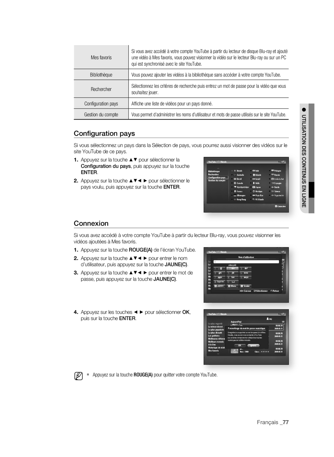 Samsung BD-P3600-XAC-0717 Configuration pays, Connexion, Qui est synchronisé avec le site YouTube, Souhaitez jouer 