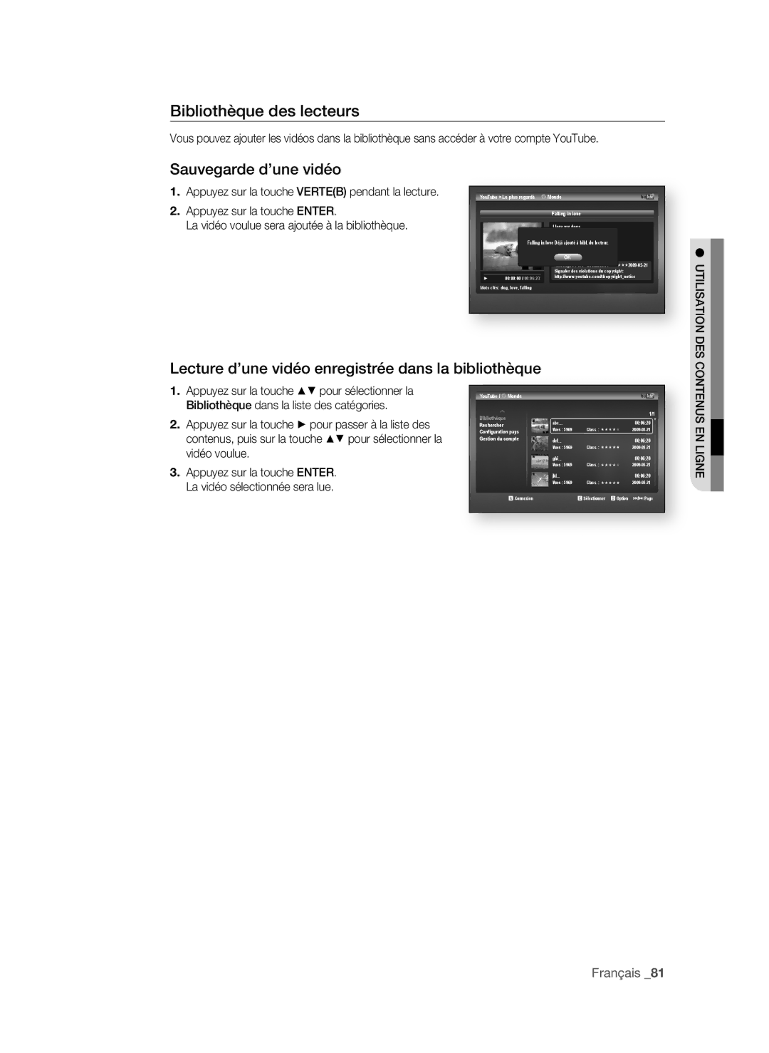 Samsung BD-P3600-XAC-0717, AK59-00104K user manual Bibliothèque des lecteurs, Sauvegarde d’une vidéo 