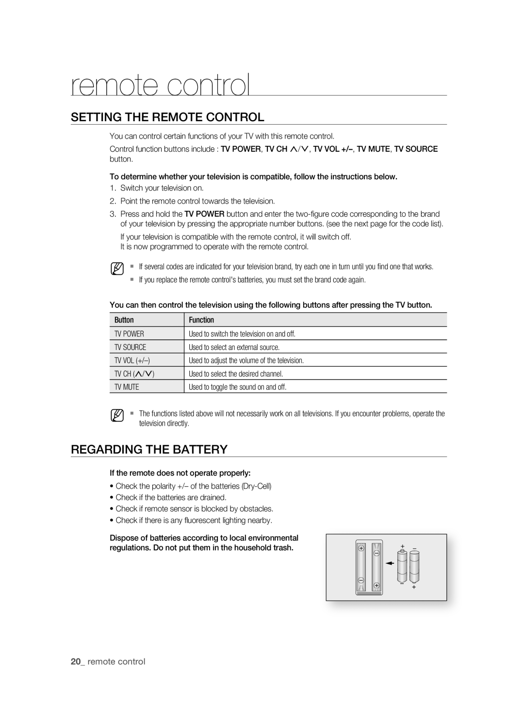 Samsung BD-P3600-XAC-0717, AK59-00104K user manual SETTing the rEMOTE COnTrOL, REgarDing the BaTTErY, Remote control 