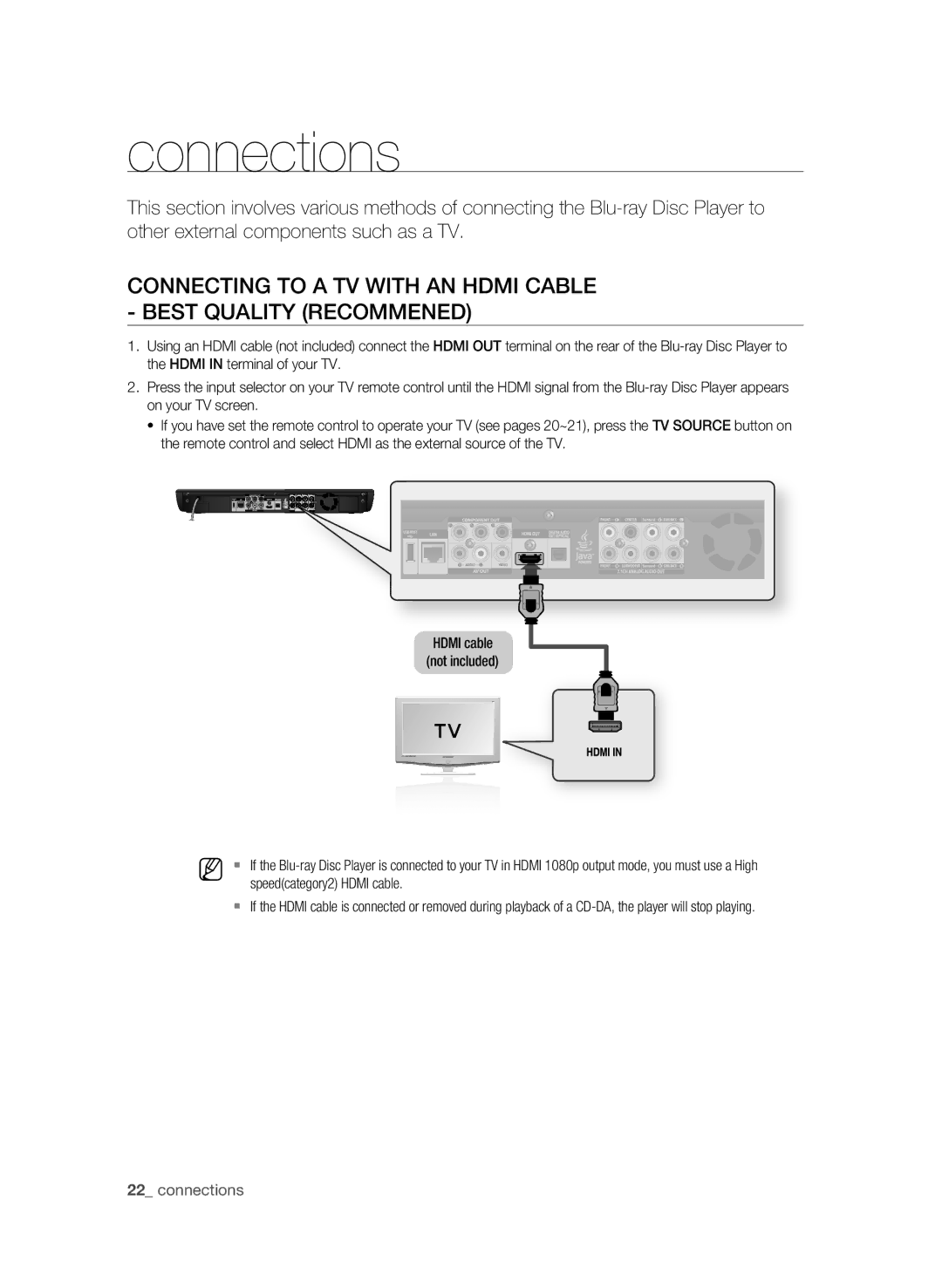 Samsung BD-P3600-XAC-0717, AK59-00104K Connections, Connecting to a TV with an Hdmi Cable, Speedcategory2 Hdmi cable 