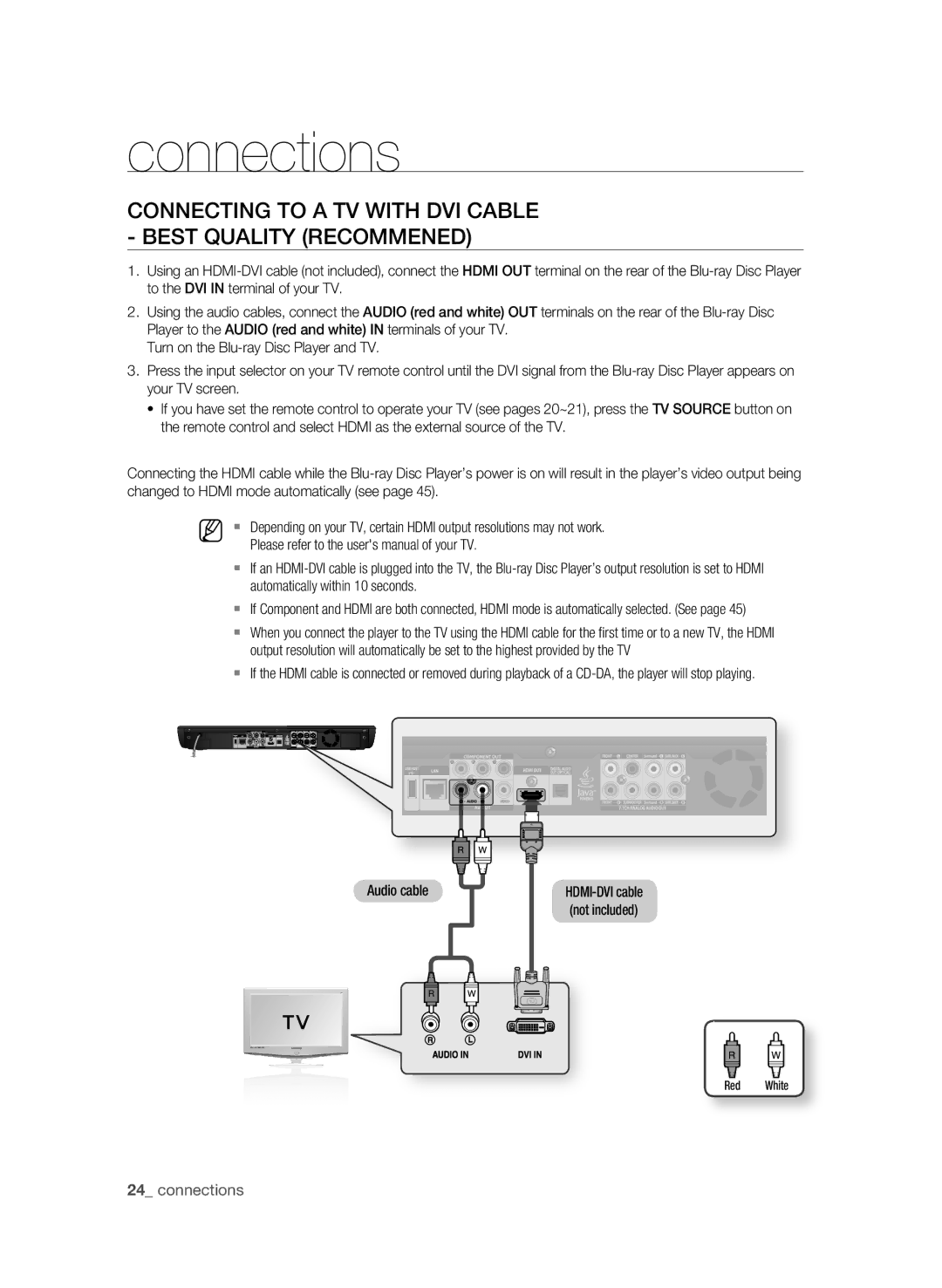 Samsung BD-P3600-XAC-0717 COnnECTing to a TV WiTH DVi CaBLE Best QUaLiTY rECOMMEnED,  connections, Audio cable, Red White 