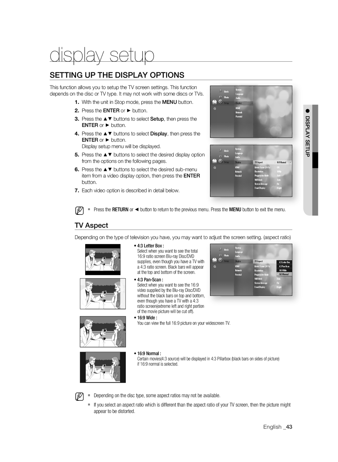 Samsung AK59-00104K, BD-P3600-XAC-0717 Display setup, SETTing UP the DiSPLaY OPTiOnS, TV aspect, English 3, DiSPLaY Setup 