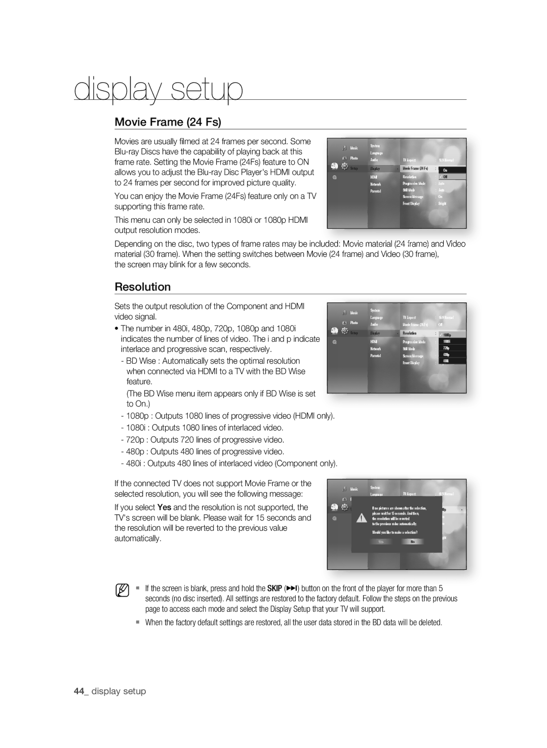 Samsung BD-P3600-XAC-0717, AK59-00104K user manual Movie Frame 24 Fs,  display setup 