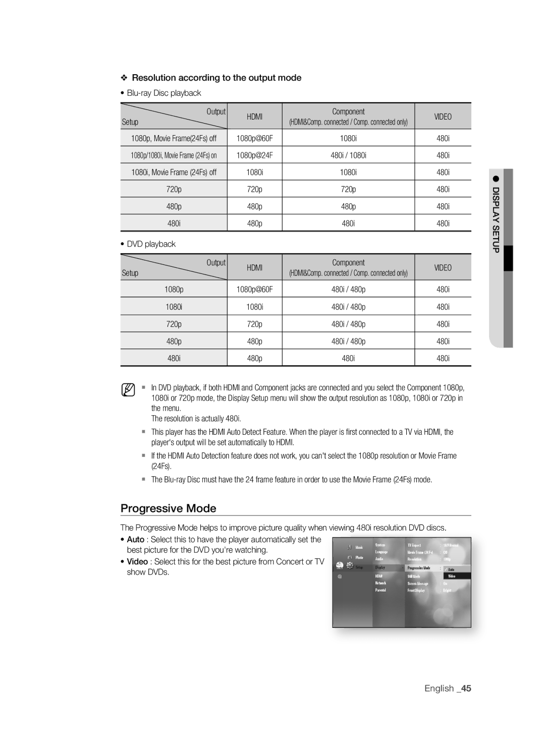 Samsung AK59-00104K Resolution according to the output mode, English , Best picture for the DVD youre watching 