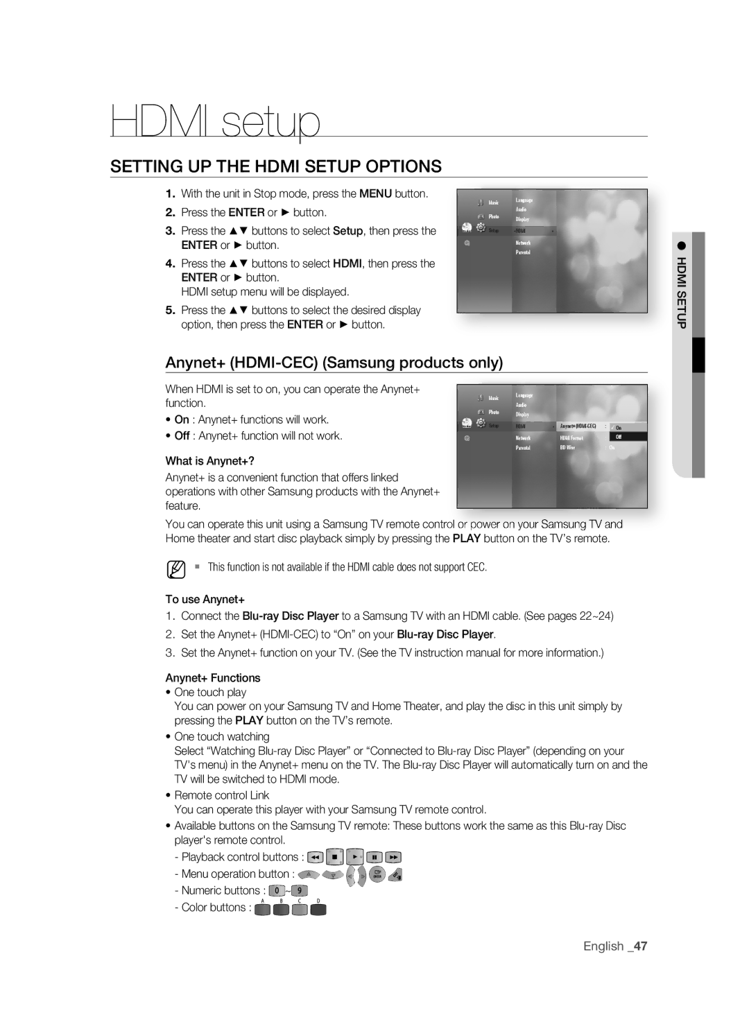 Samsung AK59-00104K user manual Hdmi setup, SETTing UP the HDMi Setup OPTiOnS, Anynet+ HDMi-CEC Samsung products only 