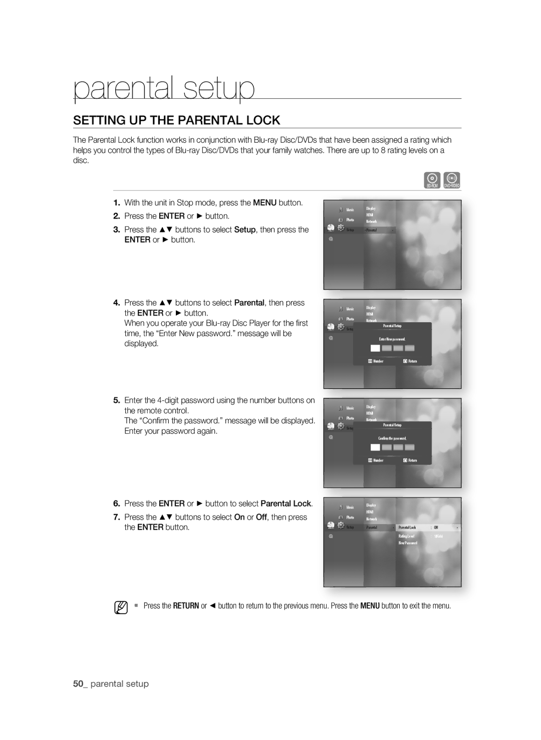 Samsung BD-P3600-XAC-0717, AK59-00104K user manual Parental setup, SETTing UP the ParEnTaL Lock, 0 parental setup 