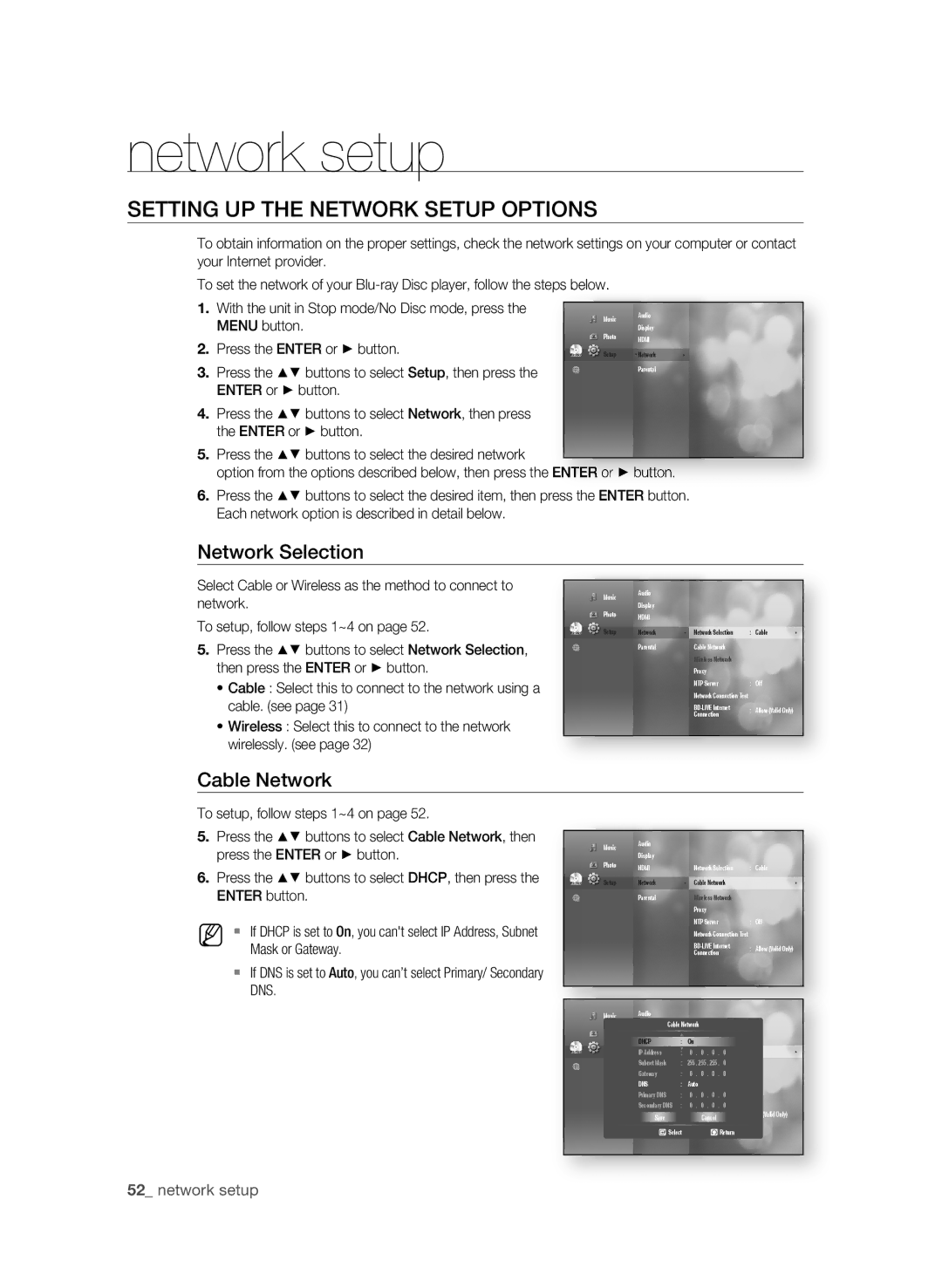 Samsung BD-P3600-XAC-0717 Network setup, SETTing UP the nETWOrK Setup OPTiOnS, Network Selection, 2 network setup 