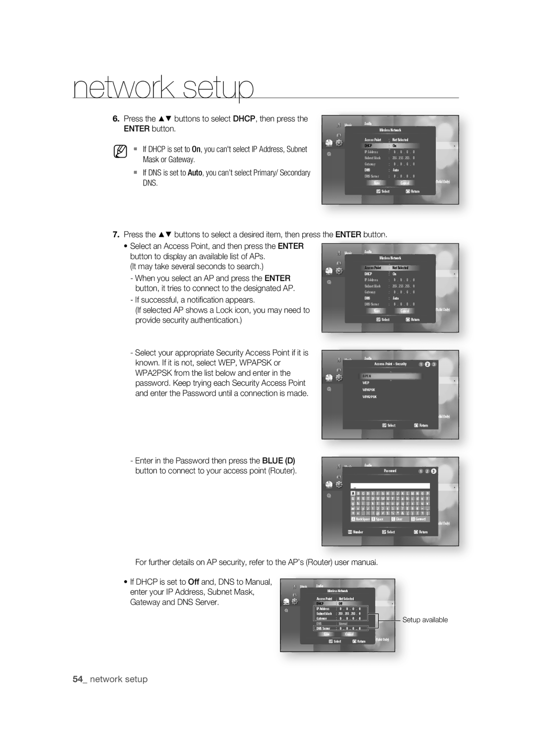 Samsung BD-P3600-XAC-0717, AK59-00104K  network setup, Enter your IP Address, Subnet Mask, Gateway and DNS Server 