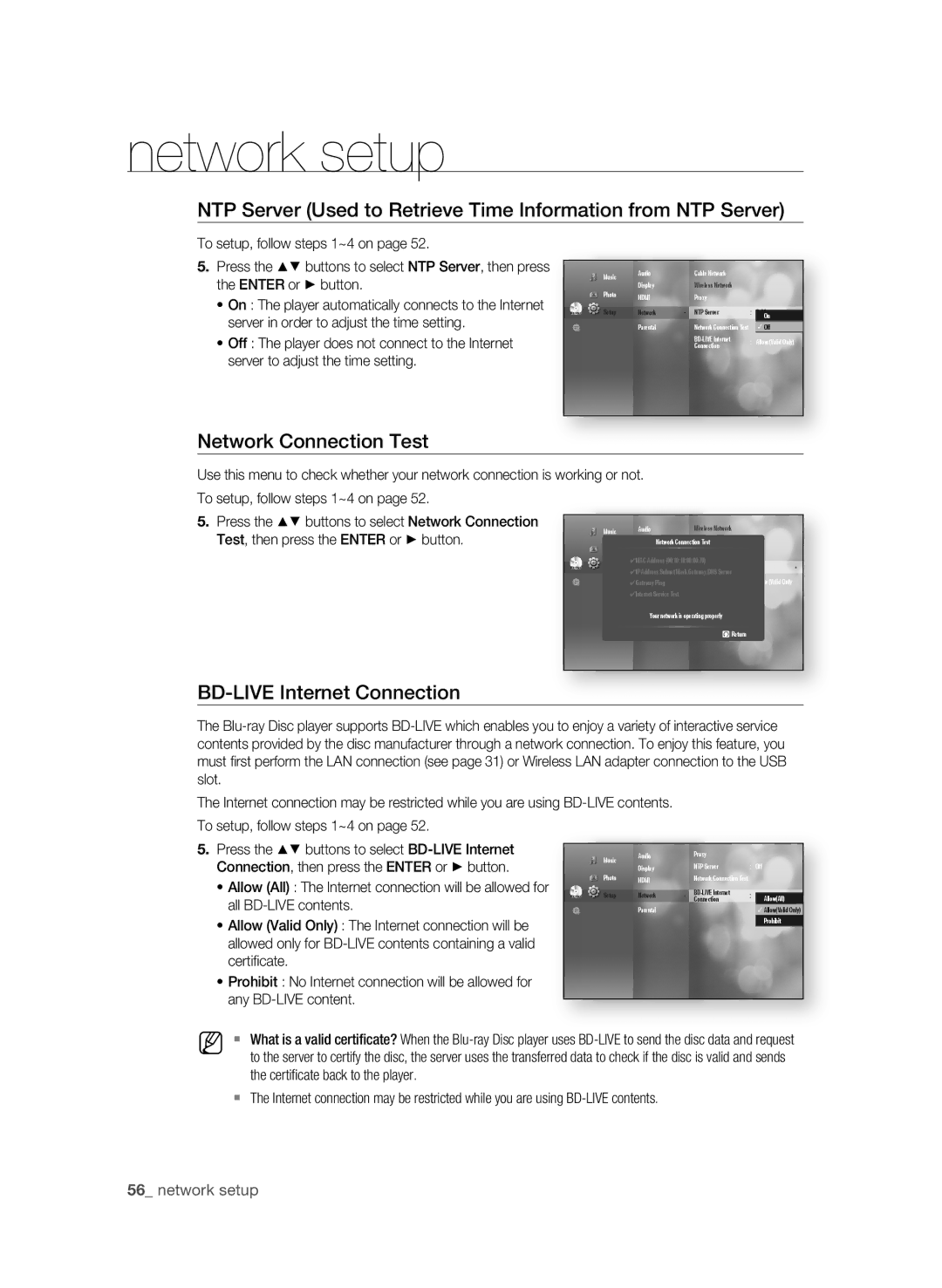 Samsung BD-P3600-XAC-0717, AK59-00104K user manual Network Connection Test, BD-LiVE internet Connection 