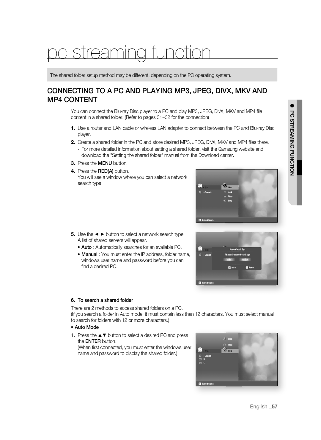 Samsung AK59-00104K user manual Pc streaming function, Fi nd a desired PC, Auto Automatically searches for an available PC 