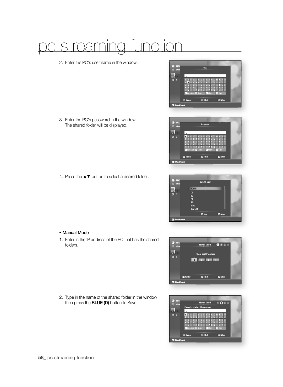 Samsung BD-P3600-XAC-0717, AK59-00104K user manual  pc streaming function, Enter the PC’s user name in the window 