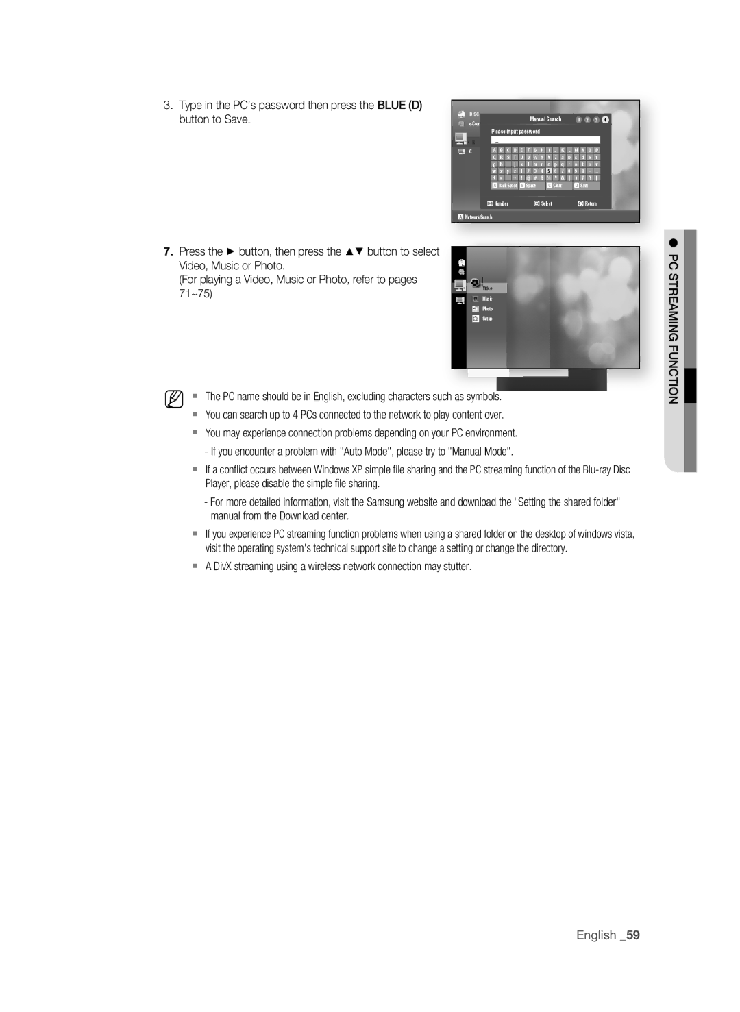 Samsung AK59-00104K, BD-P3600-XAC-0717 user manual PC STrEaMing FUnCTiOn 