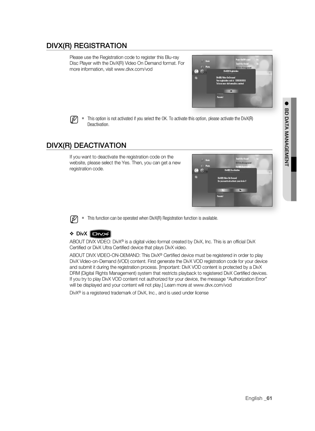 Samsung AK59-00104K, BD-P3600-XAC-0717 user manual DiVXr rEgiSTraTiOn, DiVXr DEaCTiVaTiOn, Deactivation 