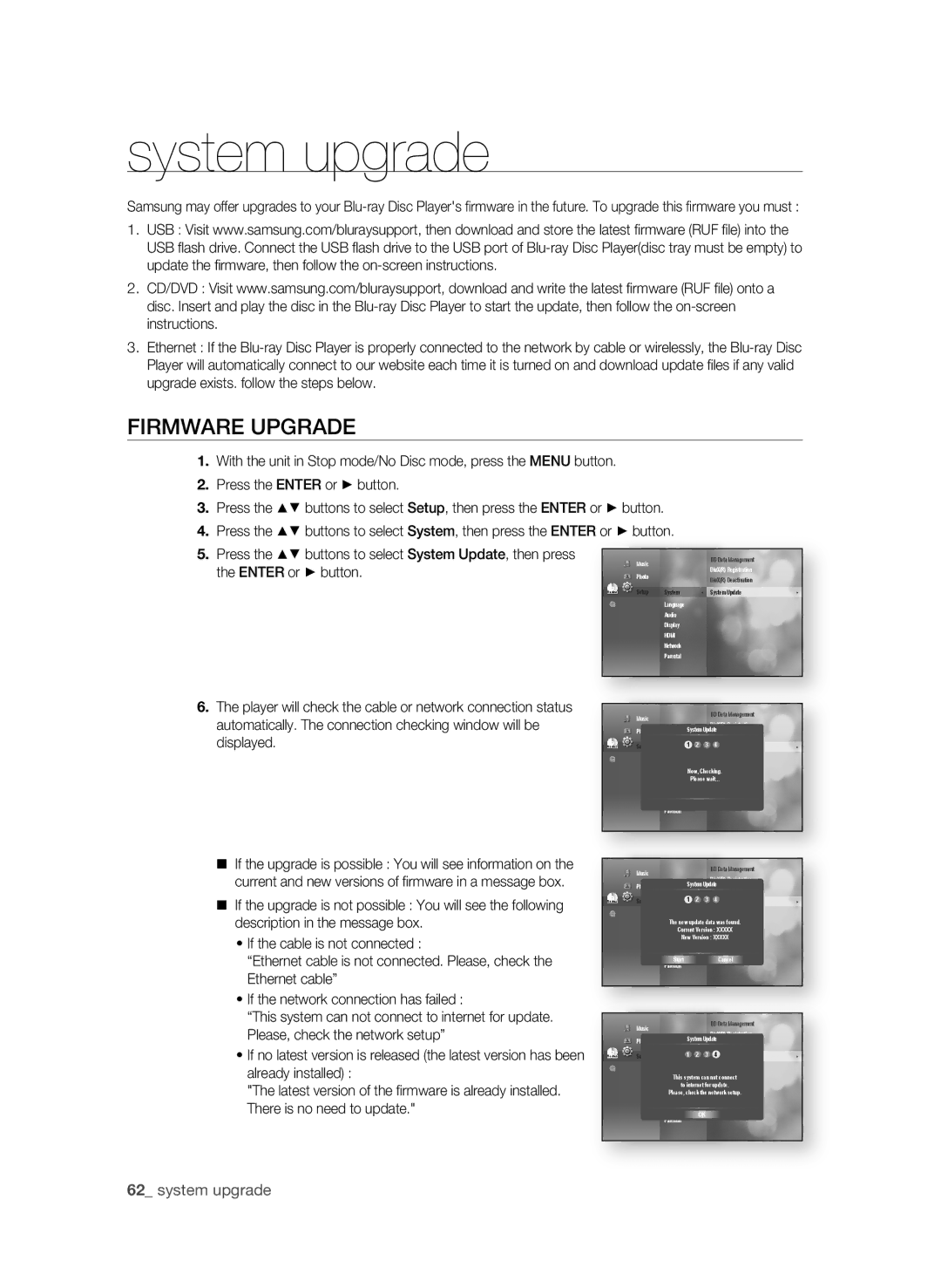 Samsung BD-P3600-XAC-0717, AK59-00104K user manual System upgrade, FirMWarE UPgraDE, 2 system upgrade 