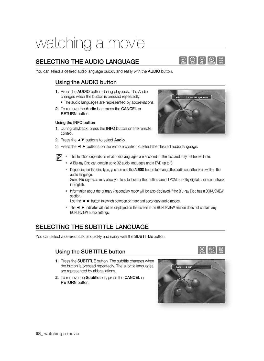 Samsung BD-P3600-XAC-0717 user manual SELECTing the aUDiO LangUagE, SELECTing the SUBTiTLE LangUagE, Using the aUDiO button 