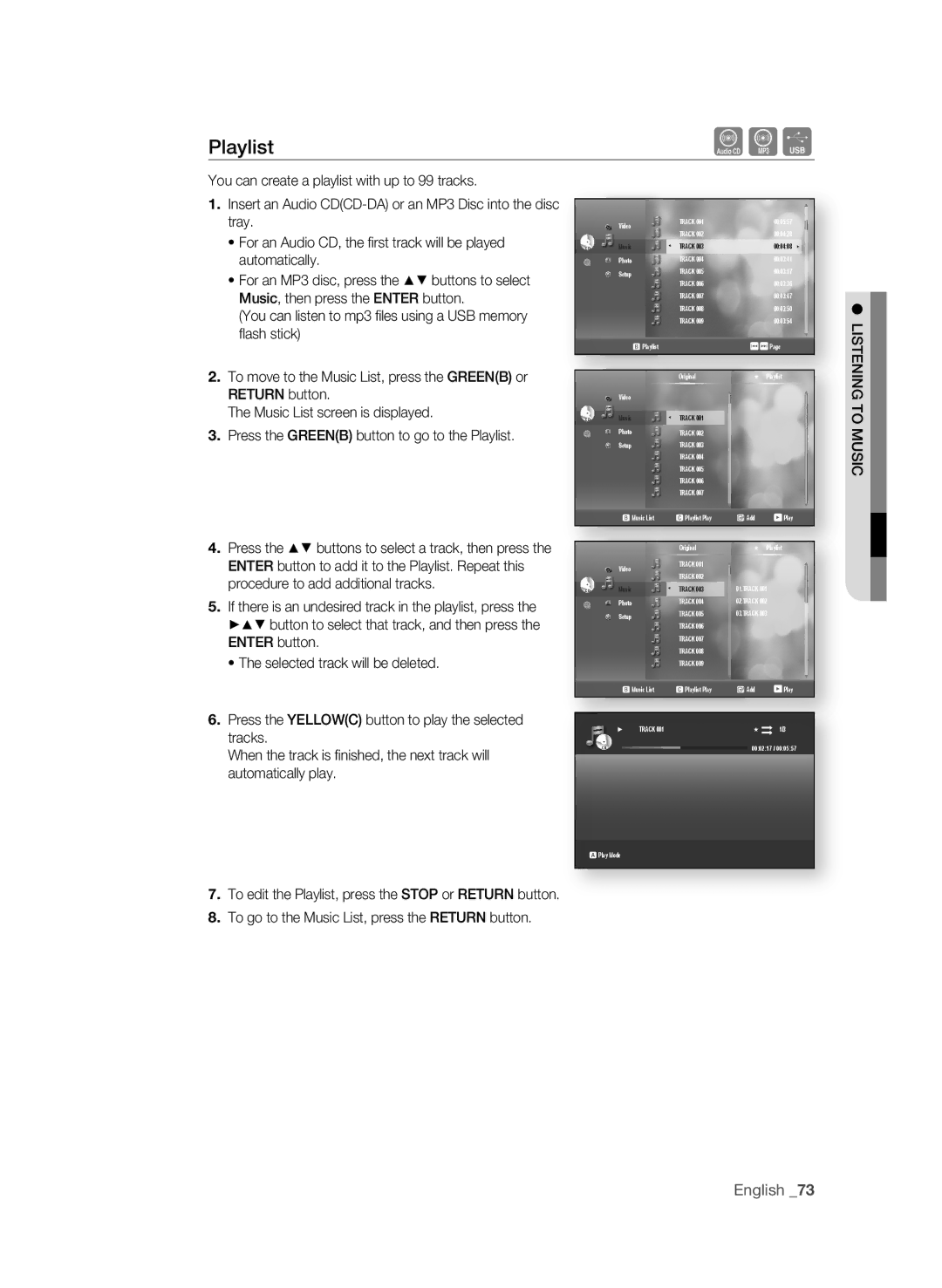 Samsung AK59-00104K, BD-P3600-XAC-0717 user manual Playlist, LiSTEning to MUSiC 