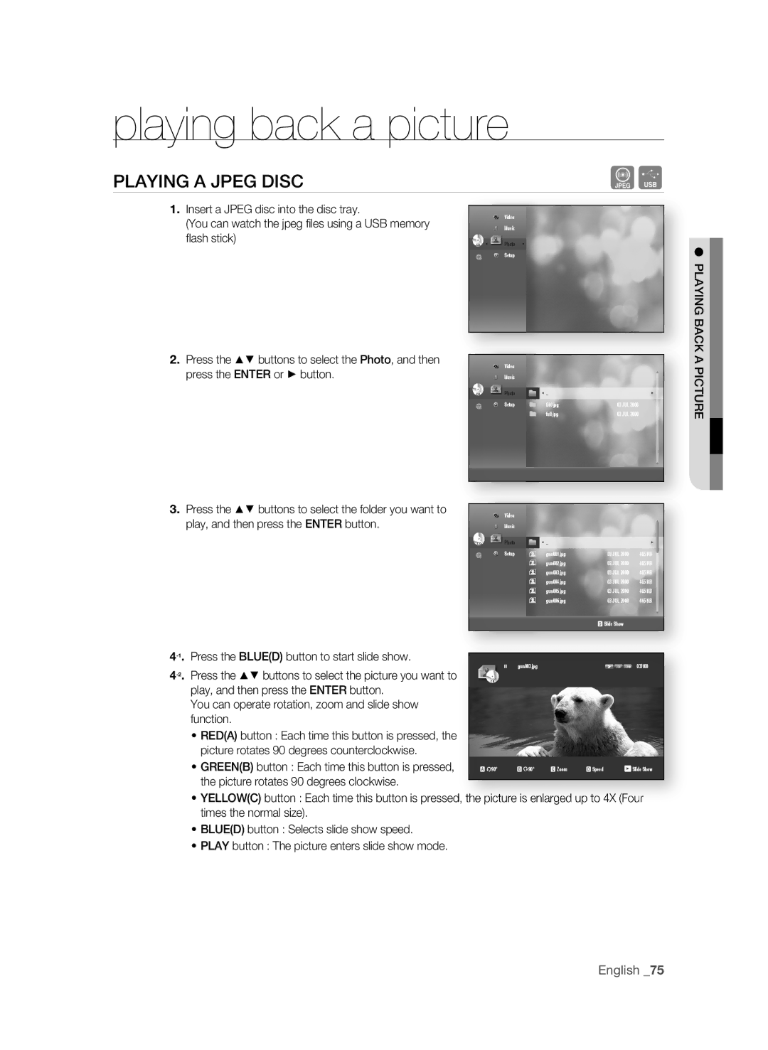 Samsung AK59-00104K Playing back a picture, PLaYing a JPEg DiSC, You can operate rotation, zoom and slide show function 