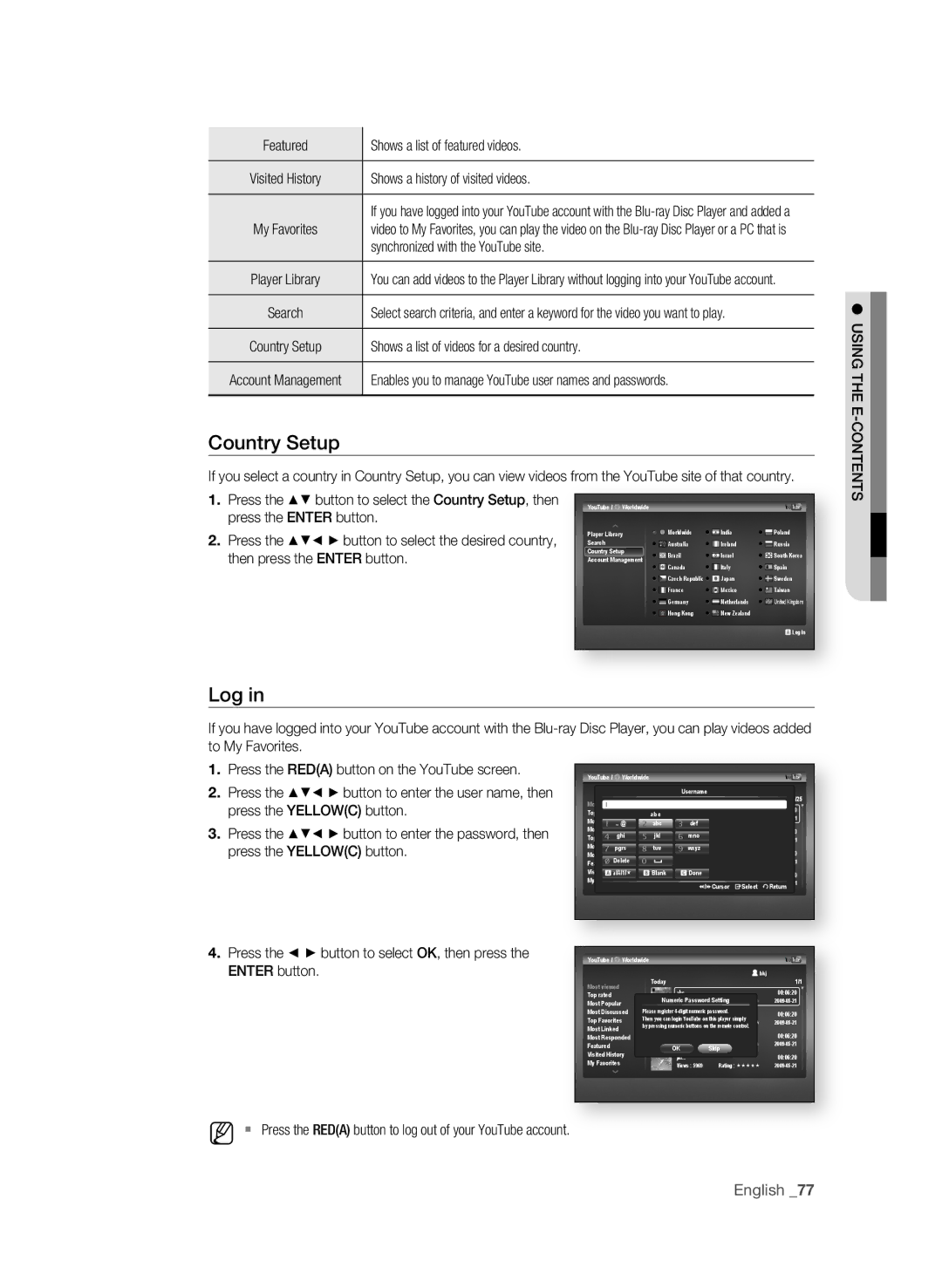 Samsung AK59-00104K, BD-P3600-XAC-0717 user manual Country Setup, Log 