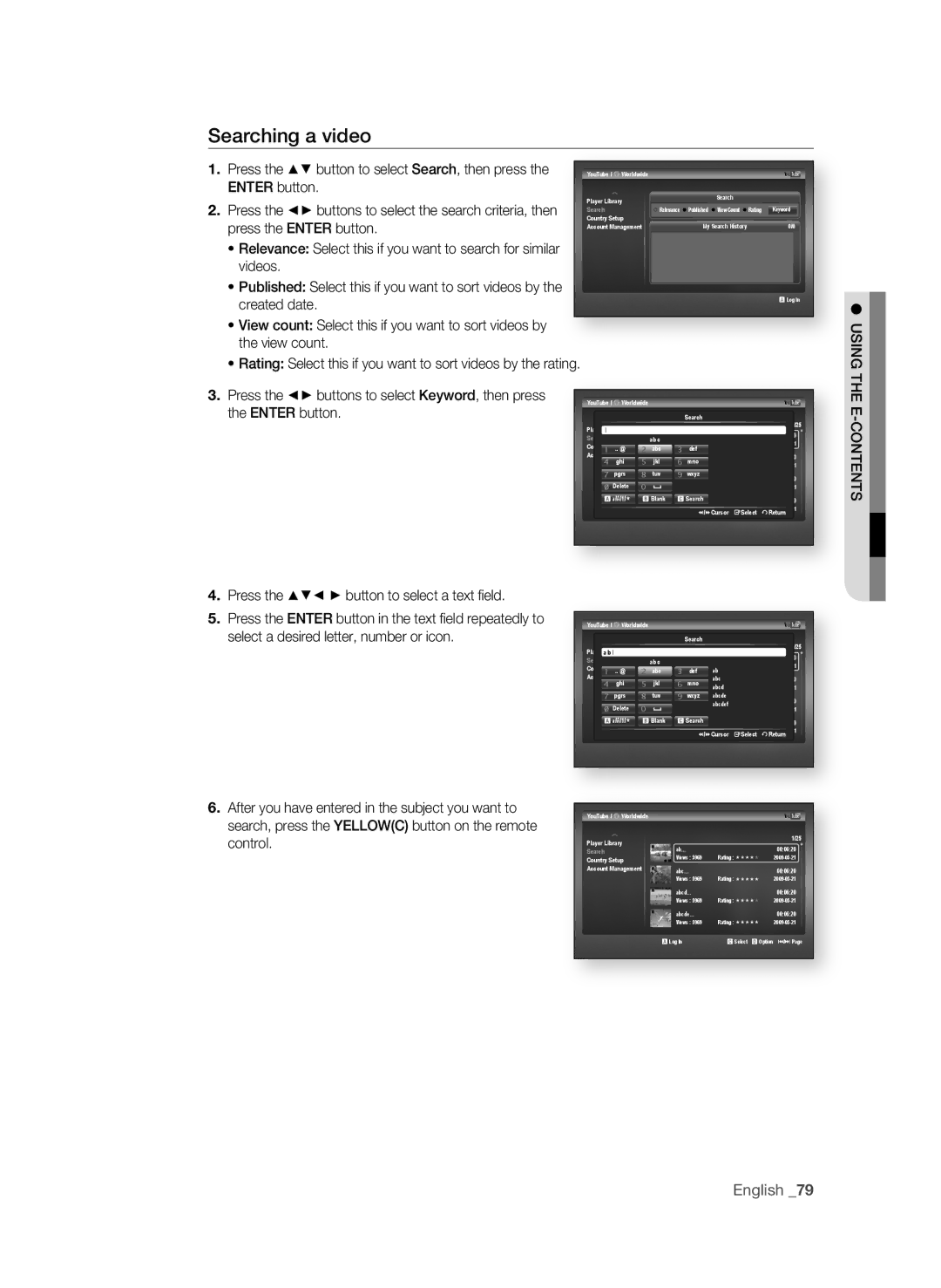 Samsung AK59-00104K, BD-P3600-XAC-0717 user manual Searching a video, USing the E-COnTEnTS 