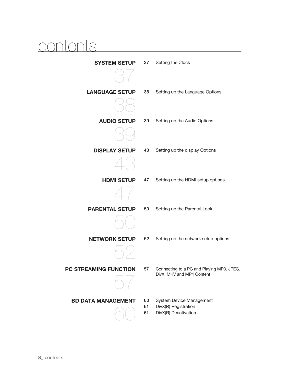 Samsung BD-P3600-XAC-0717  contents, Setting the Clock, DivXR Registration, DivXR Deactivation, System Device Management 