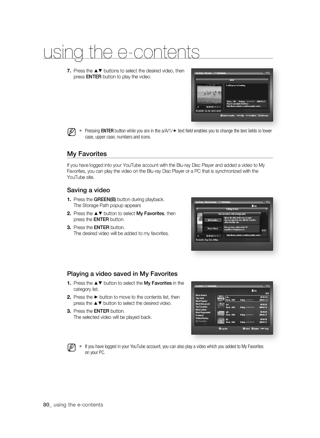 Samsung BD-P3600-XAC-0717, AK59-00104K Saving a video, Playing a video saved in My Favorites, 0 using the e-contents 