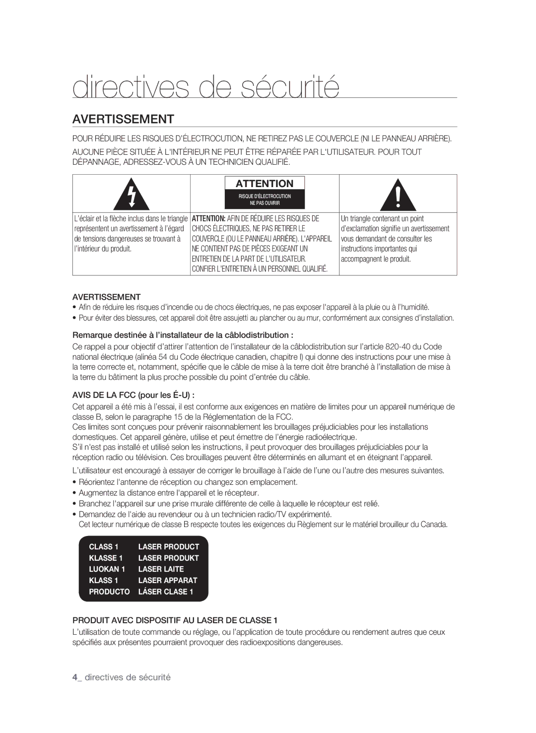 Samsung BD-P3600 user manual Directives de sécurité, Avertissement,  directives de sécurité 