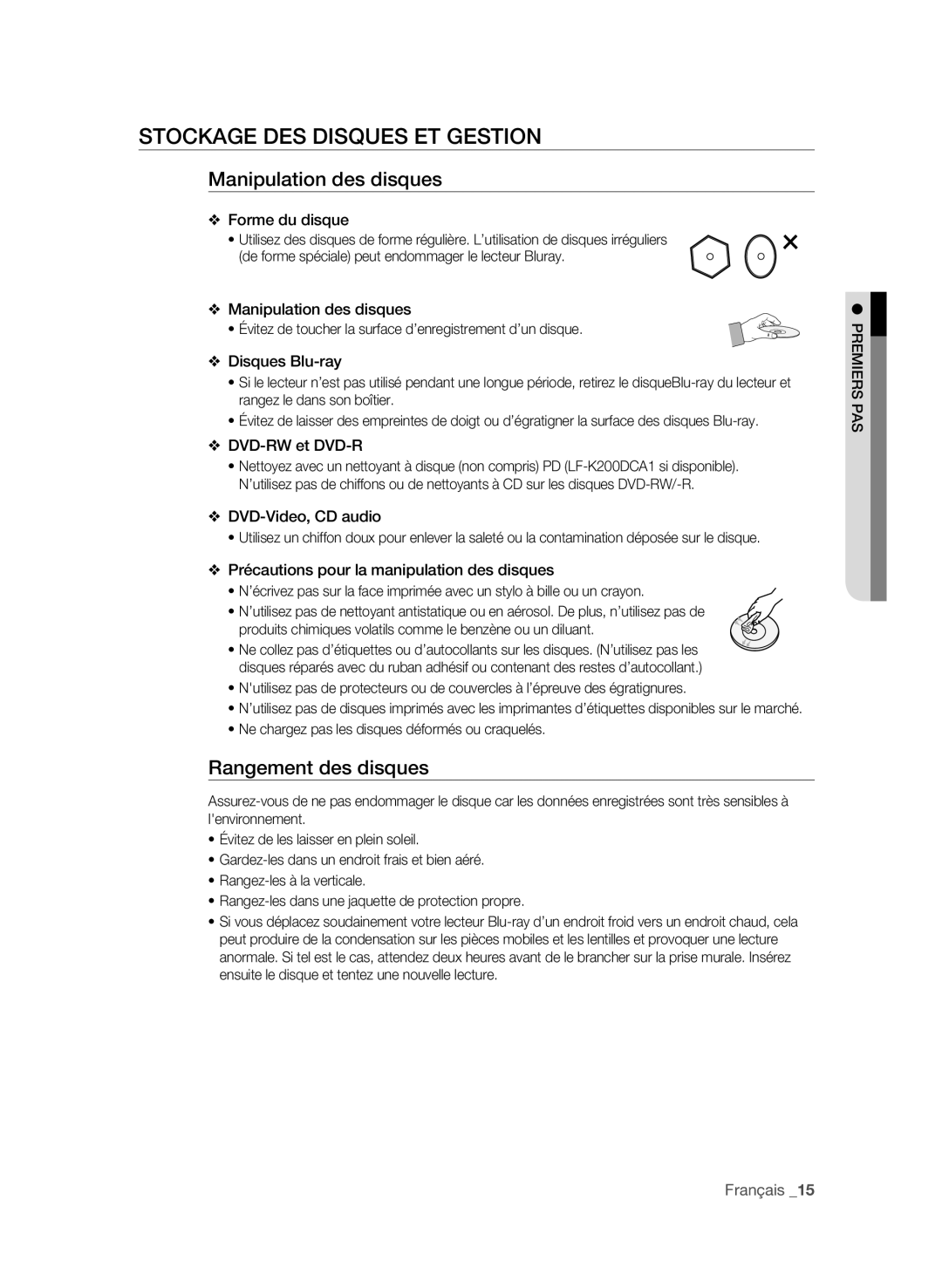 Samsung BD-P3600 user manual Stockage des disques et gestion, Manipulation des disques, Rangement des disques 