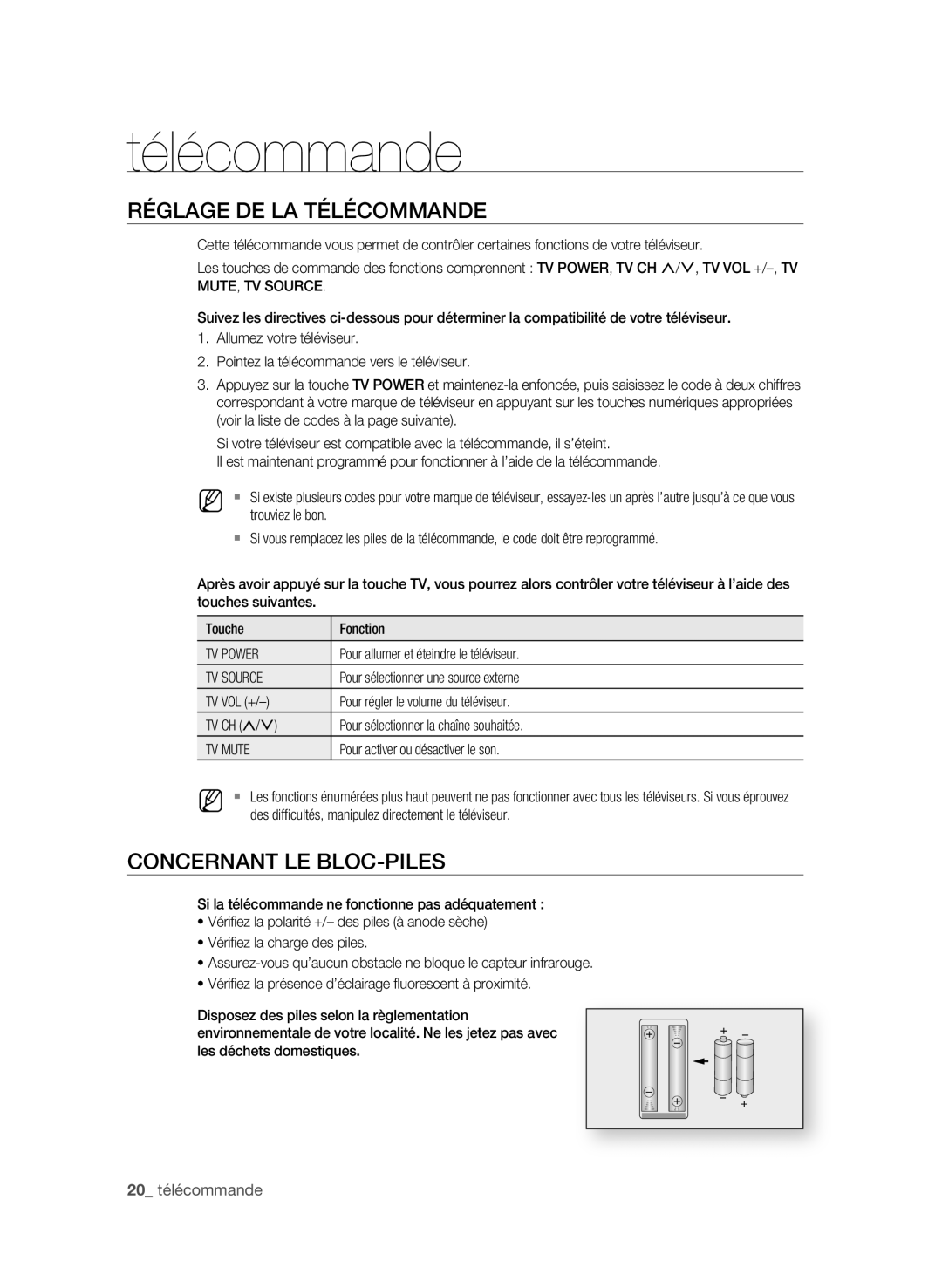 Samsung BD-P3600 user manual RÉgLAge De LA tÉLÉCOmmAnDe, COnCernAnt Le bLOC-PiLes, 20 télécommande 