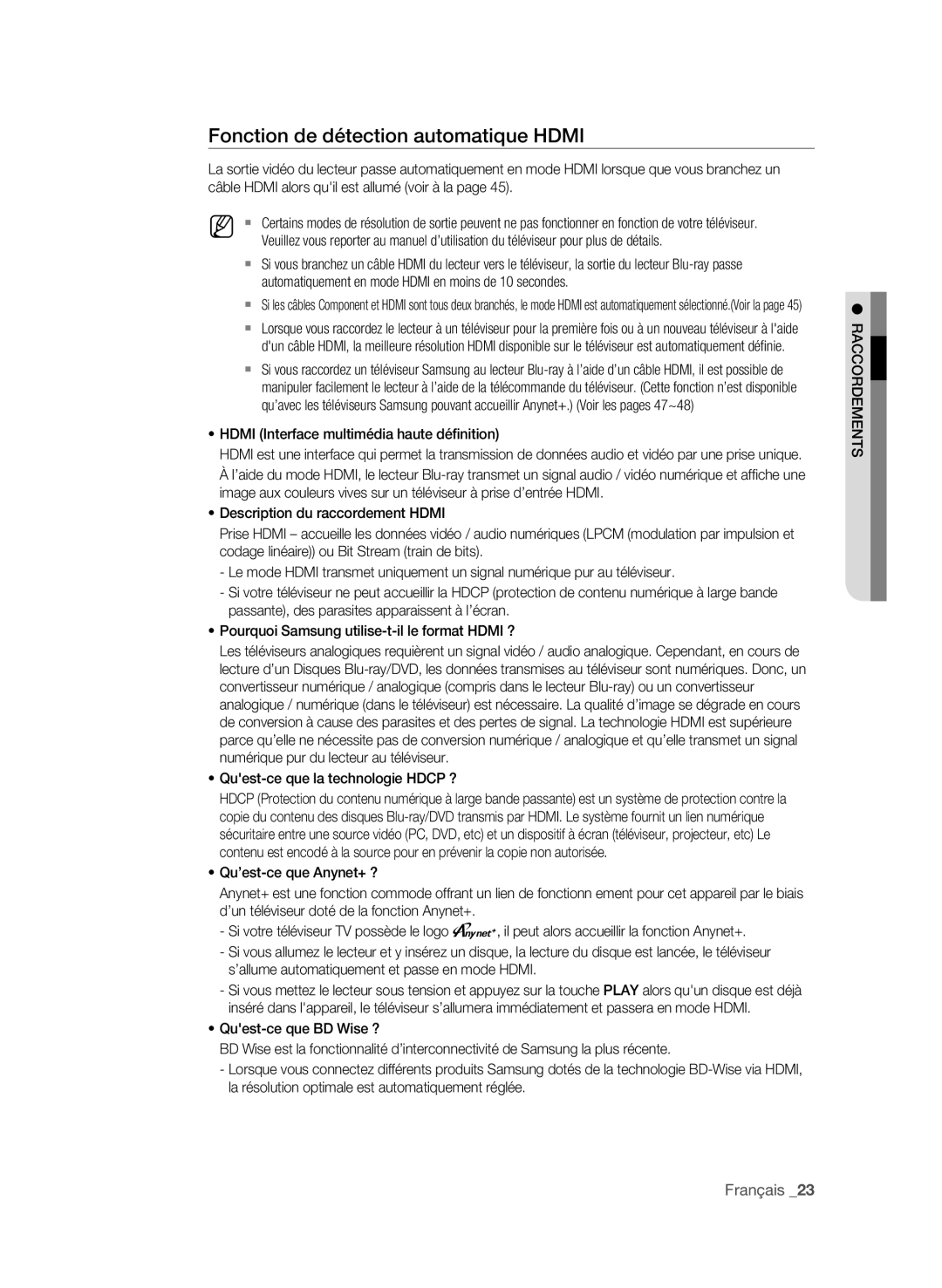 Samsung BD-P3600 user manual Fonction de détection automatique Hdmi, Quest-ce que la technologie Hdcp ? 