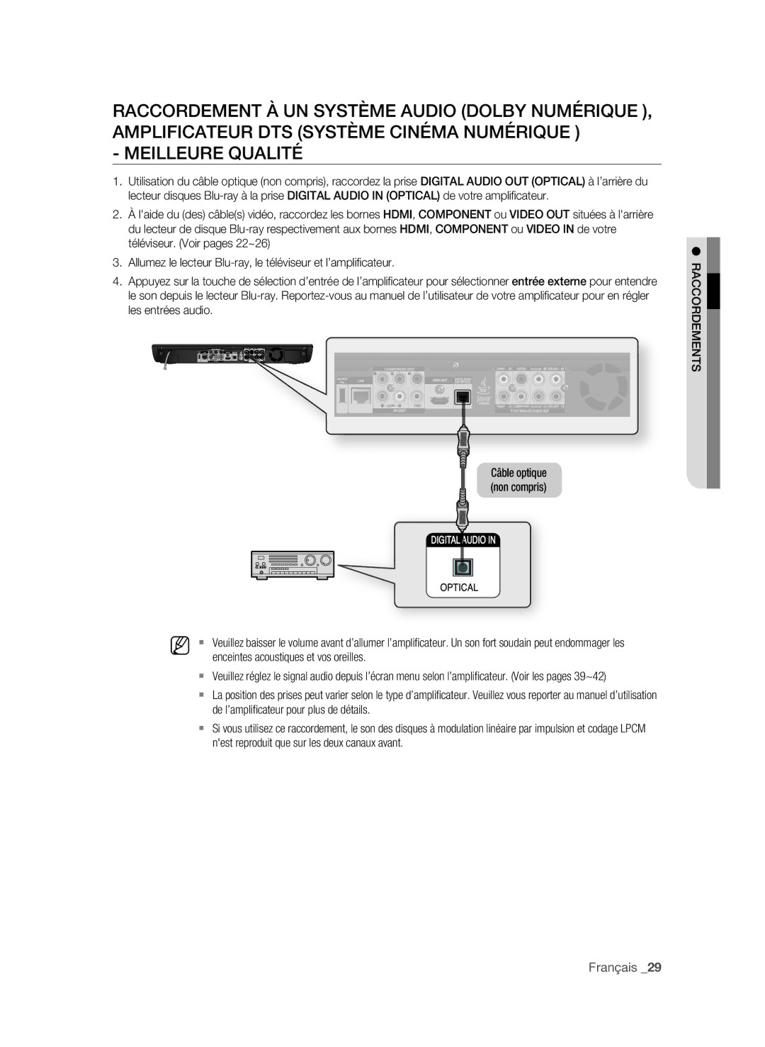 Samsung BD-P3600 user manual Drements racco, Nest reproduit que sur les deux canaux avant 