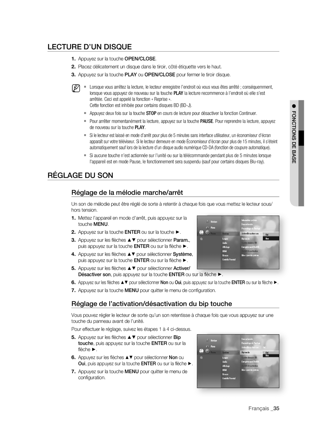 Samsung BD-P3600 user manual LeCtUre D’Un DisQUe, RÉgLAge DU sOn, Réglage de la mélodie marche/arrêt, Français 3 