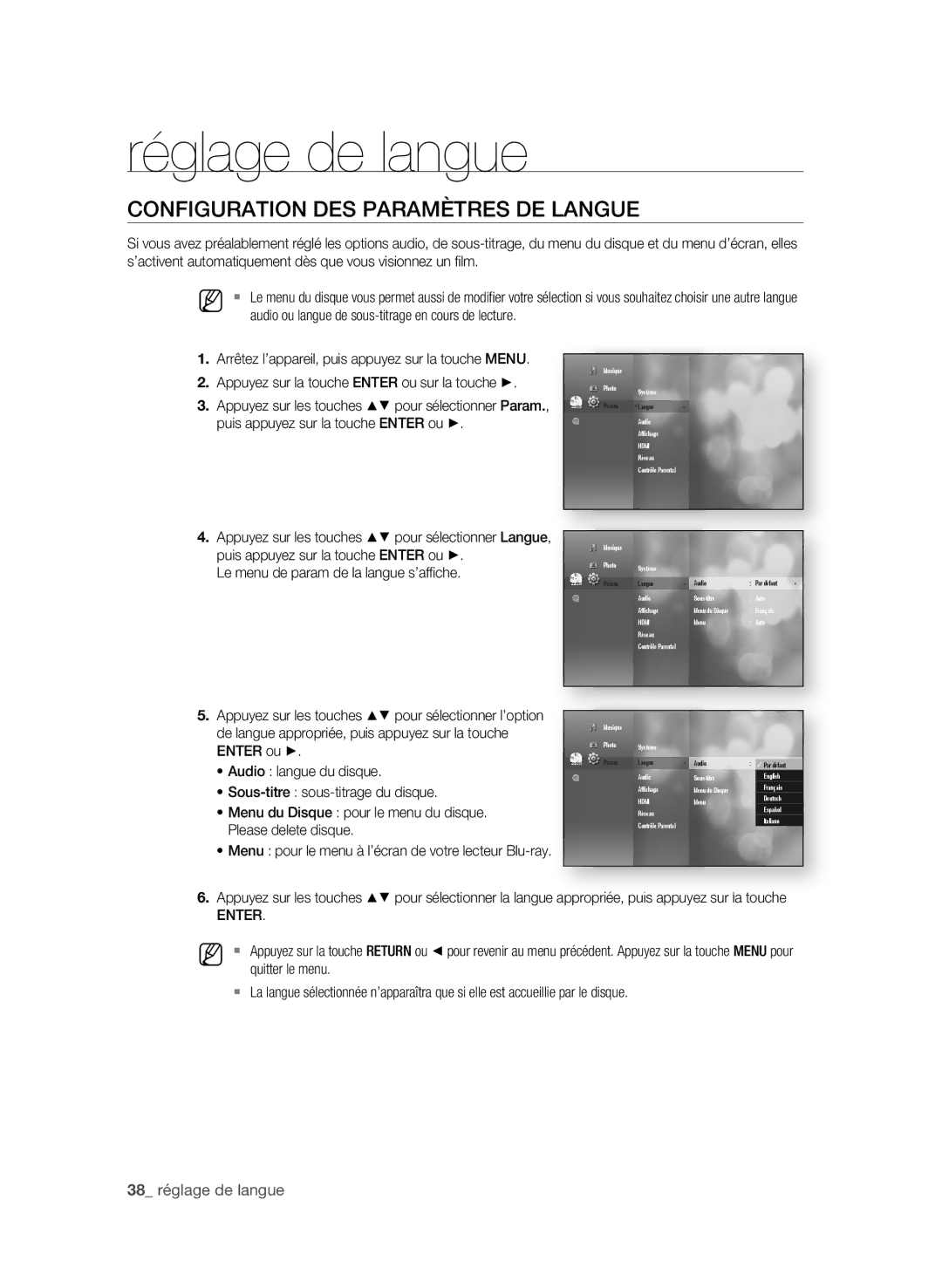 Samsung BD-P3600 user manual Réglage de langue, COnFigUrAtiOn Des PArAmètres De LAngUe,  réglage de langue 