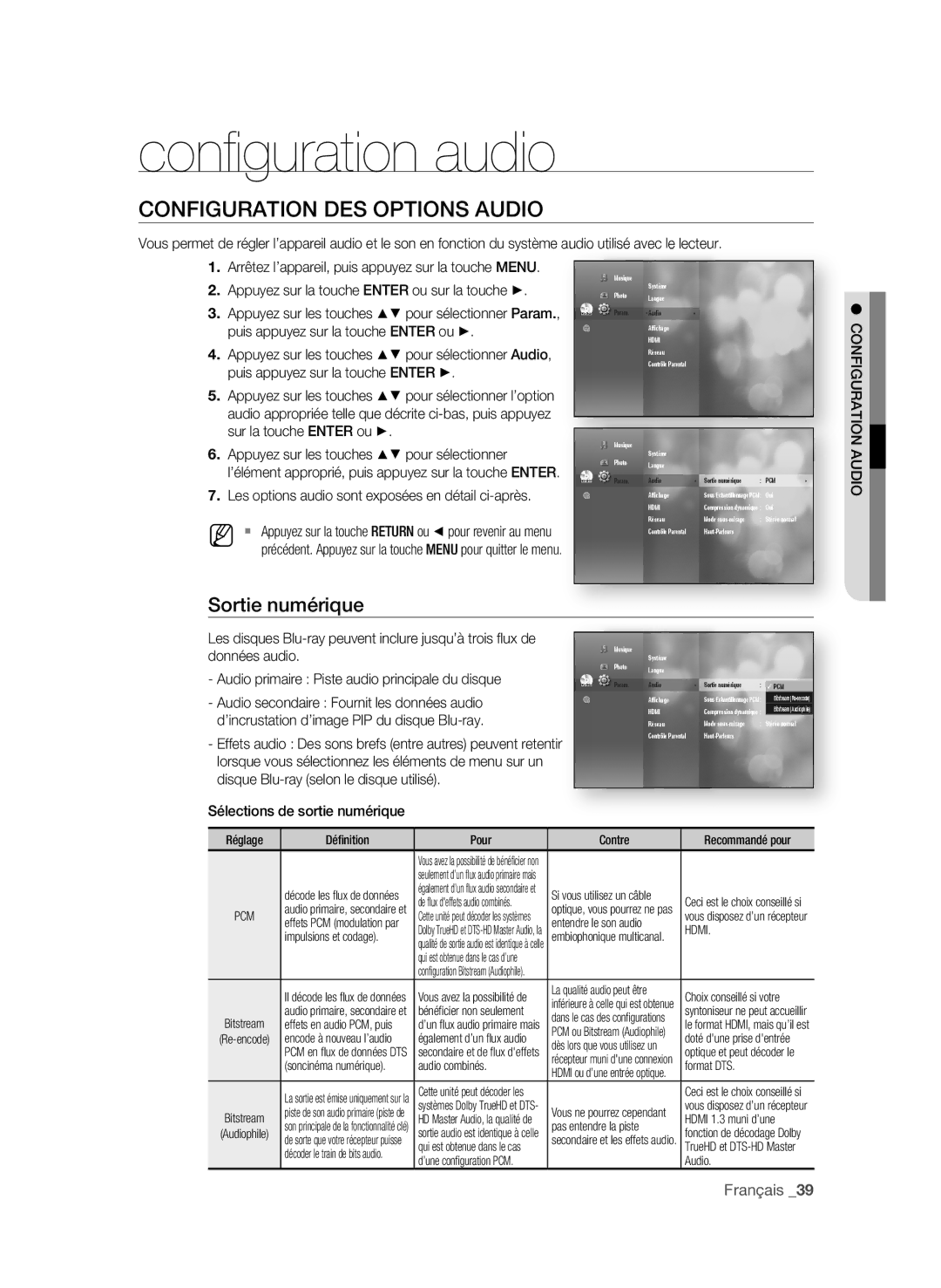 Samsung BD-P3600 user manual Confi guration audio, COnFigUrAtiOn Des OPtiOns AUDiO, Sortie numérique 