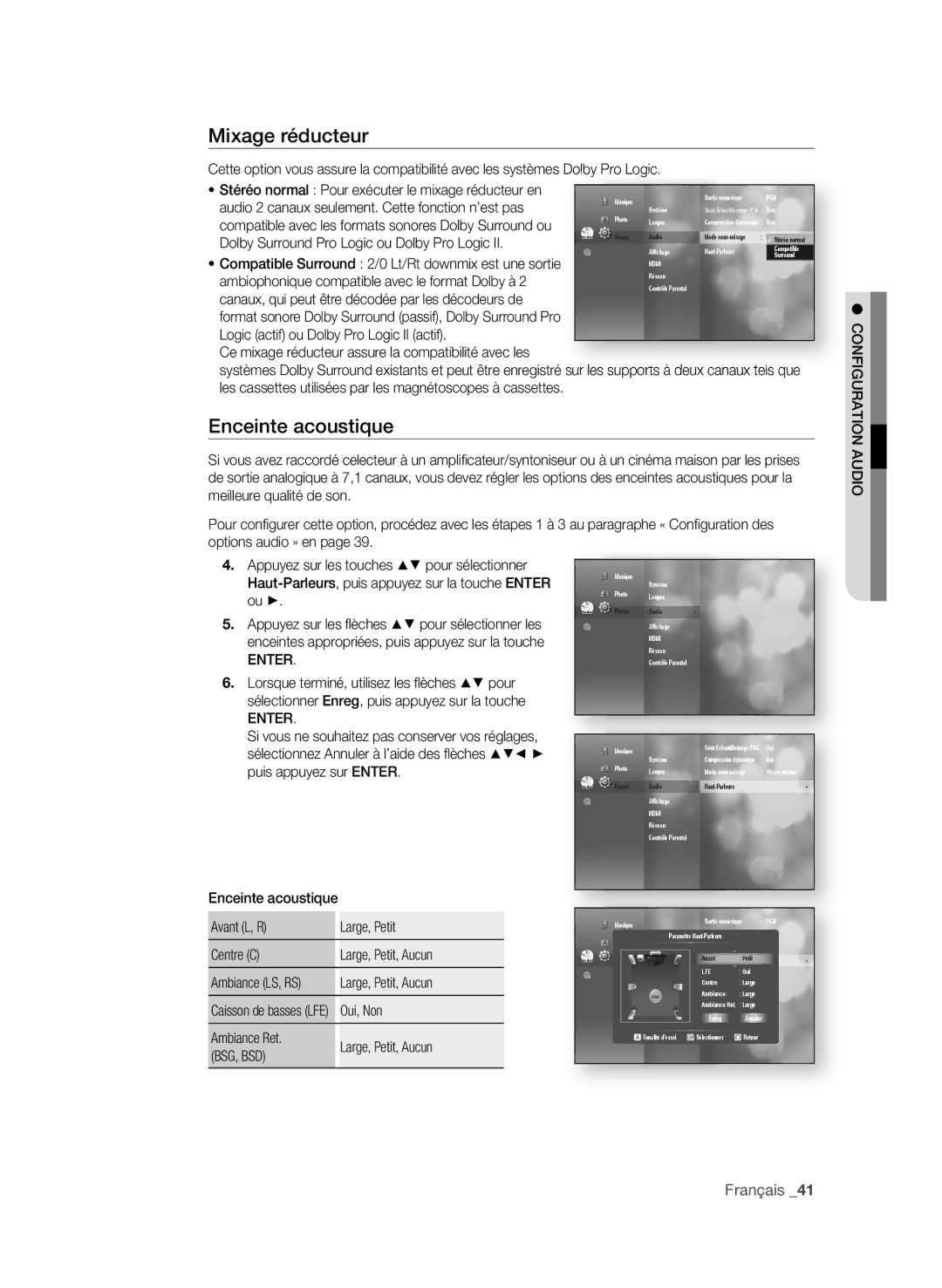 Samsung BD-P3600 user manual Mixage réducteur, Enceinte acoustique, Français 1, Bsg, Bsd 