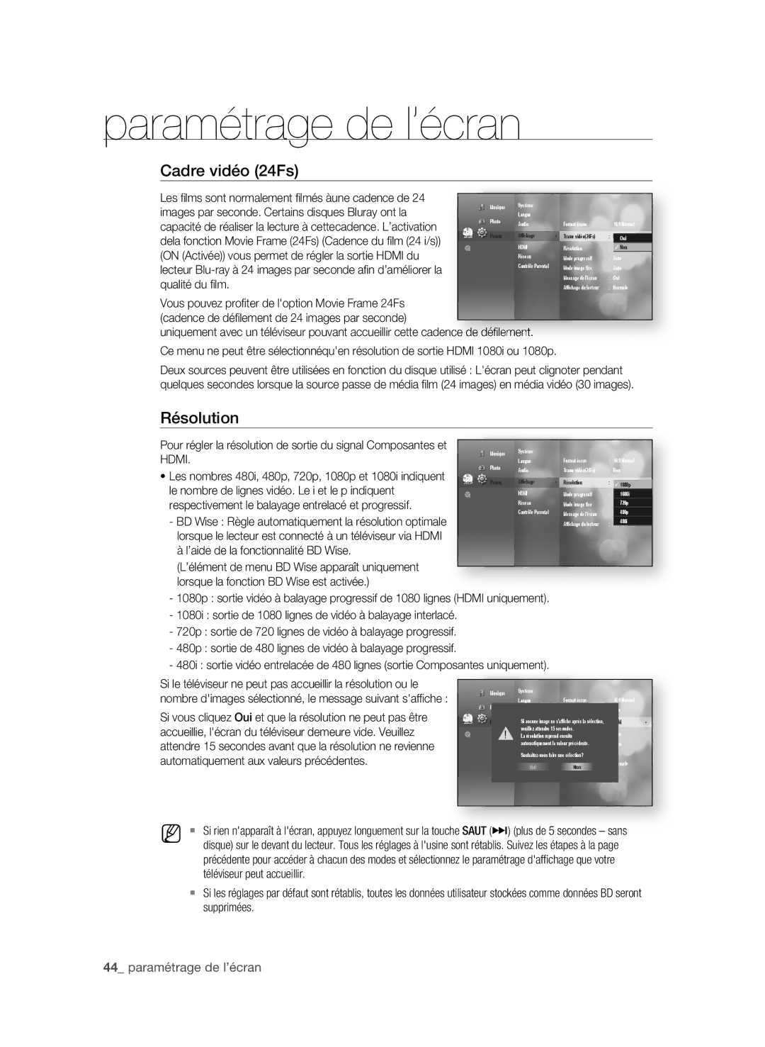 Samsung BD-P3600 user manual Cadre vidéo 24Fs, Résolution,  paramétrage de l’écran 