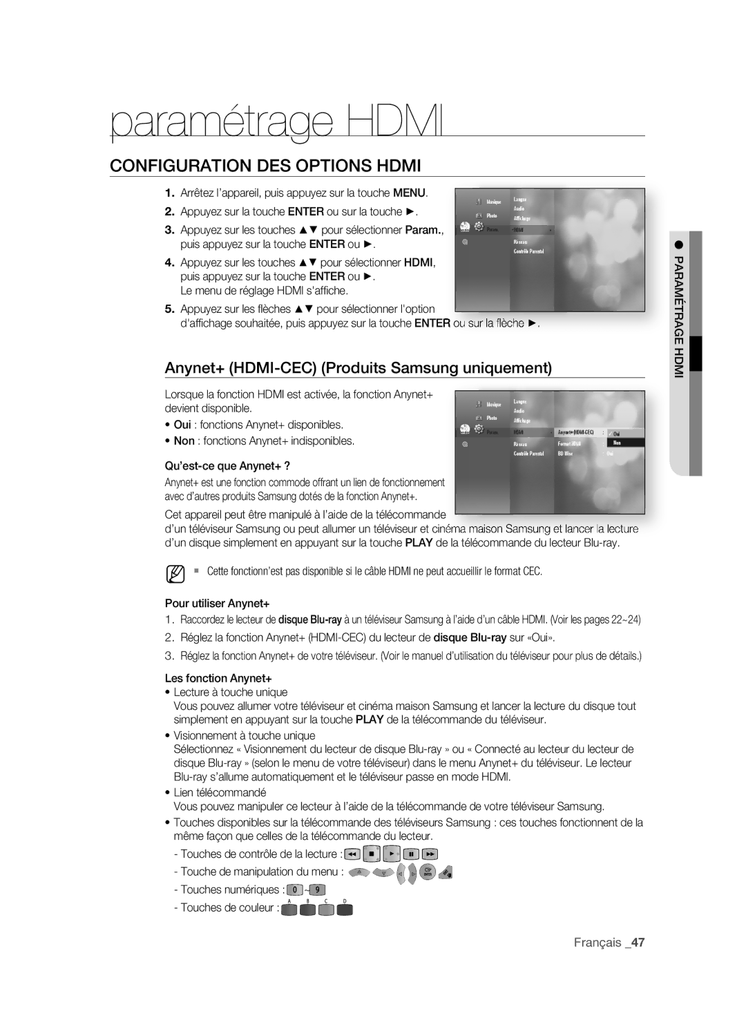 Samsung BD-P3600 user manual Paramétrage Hdmi, COnFigUrAtiOn Des OPtiOns HDmi, Anynet+ HDmi-CeC Produits samsung uniquement 