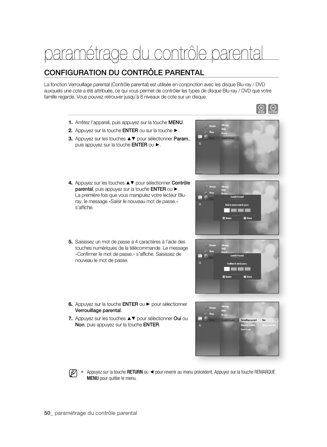 Samsung BD-P3600 COnFigUrAtiOn DU COntrôLe PArentAL, 0 paramétrage du contrôle parental, Menu pour quitter le menu 