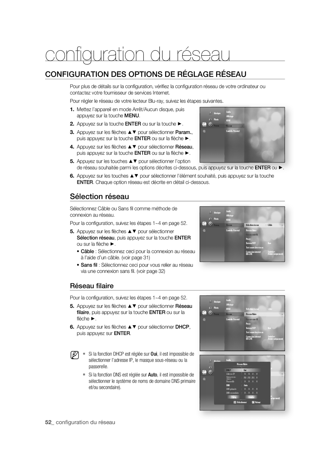 Samsung BD-P3600 Confi guration du réseau, COnFigUrAtiOn Des OPtiOns De rÉgLAge rÉseAU, 2 confi guration du réseau 